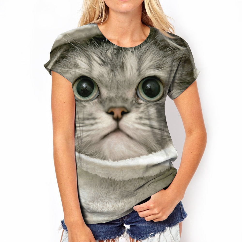 Damen Sommer Top 3D Katzen T-Shirt Rundhals Streetwear lockeres Damentop