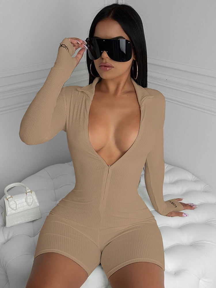 Damen Stretch Yoga Jumpsuit Gerippter Rollkragen Overall Langarm Jogginganzug
