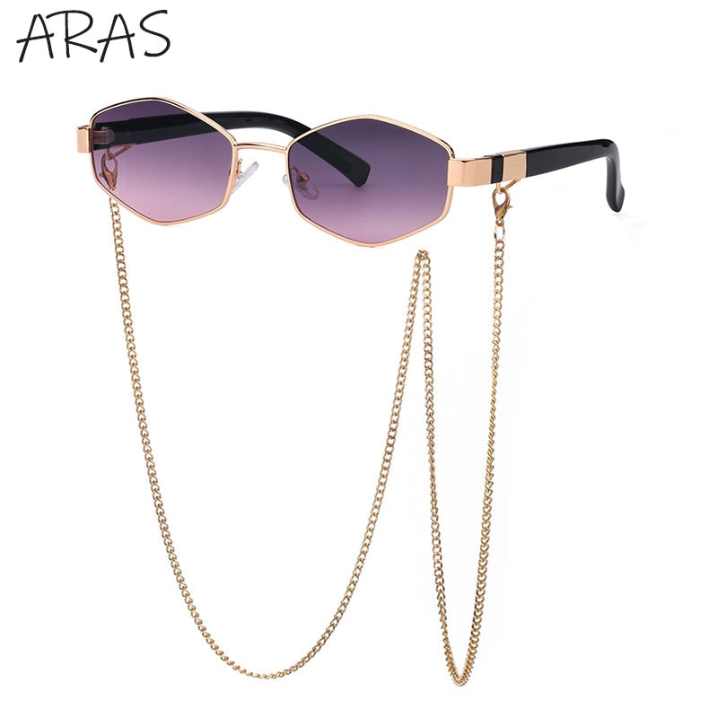 Trendy Retro Hexagon Mit Kette Damen Randlose Linse UV400