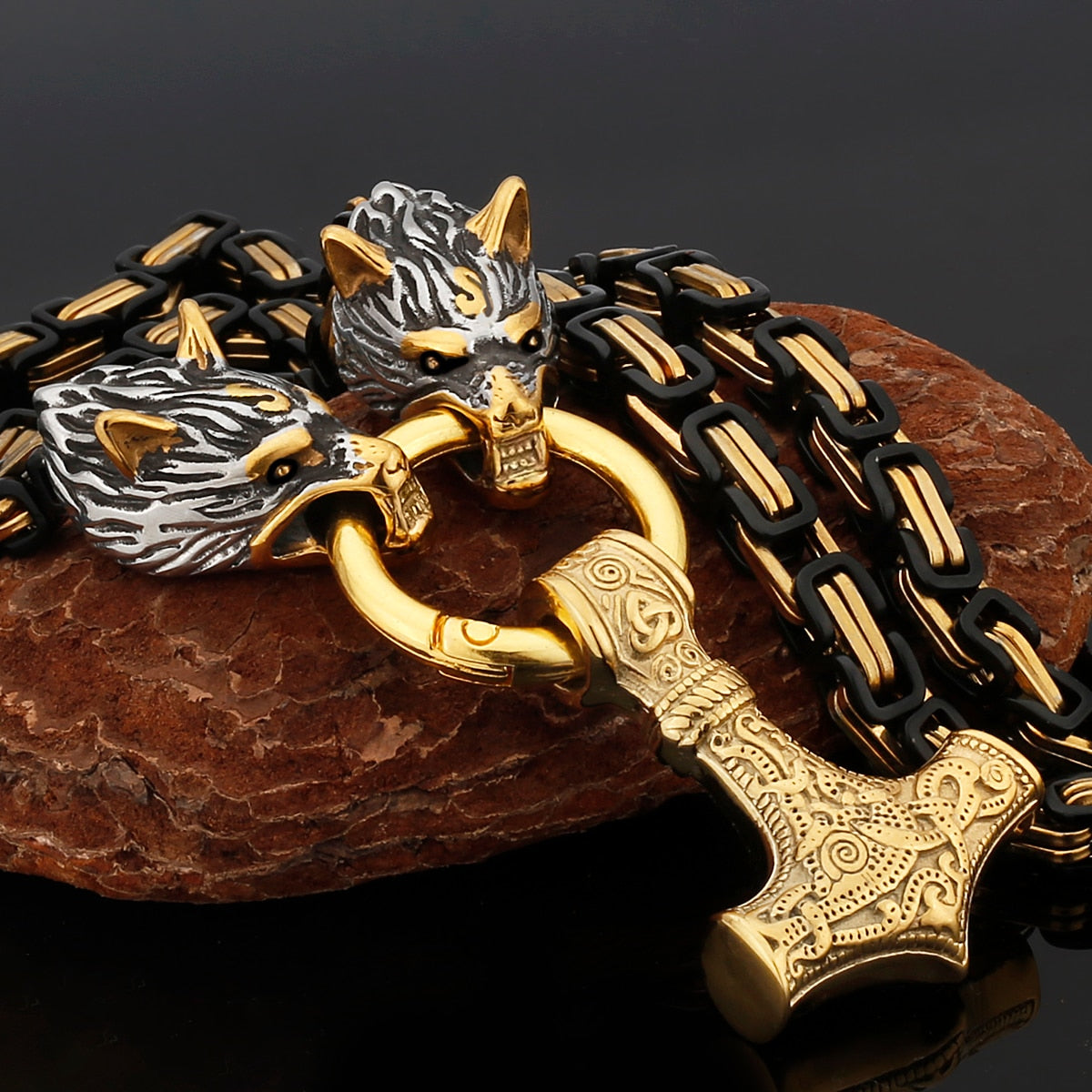 Thors Hammer Mjölnir Edelstahl Halskette Königskette schwarz gold Wikingerschmuck
