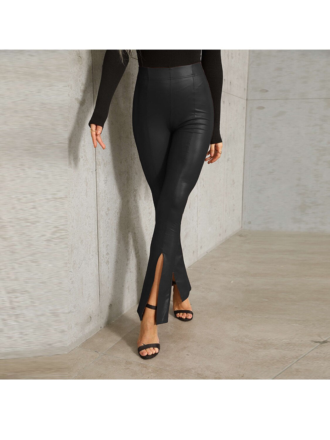 Damen Fashion Leggings Push Up Leggins Hose PU Lederhose mit Reißverschluss Sexy