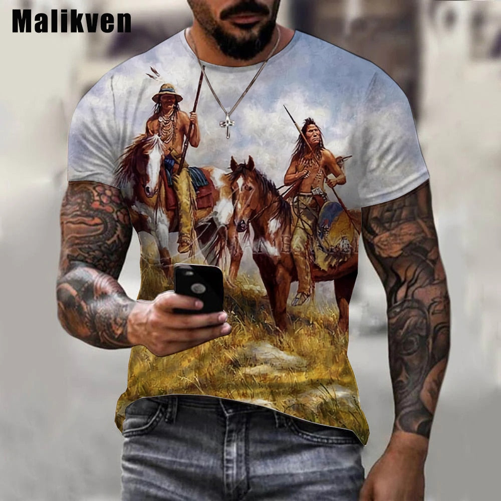 Herren Indianer 3D T-Shirt Rundhals Unisex Sommer Streetwear