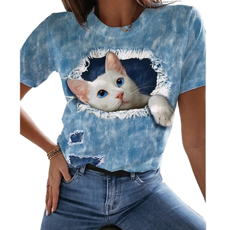 Damen Sommer Top 3D Katzen T-Shirt Rundhals  Streetwear lockeres Damentop
