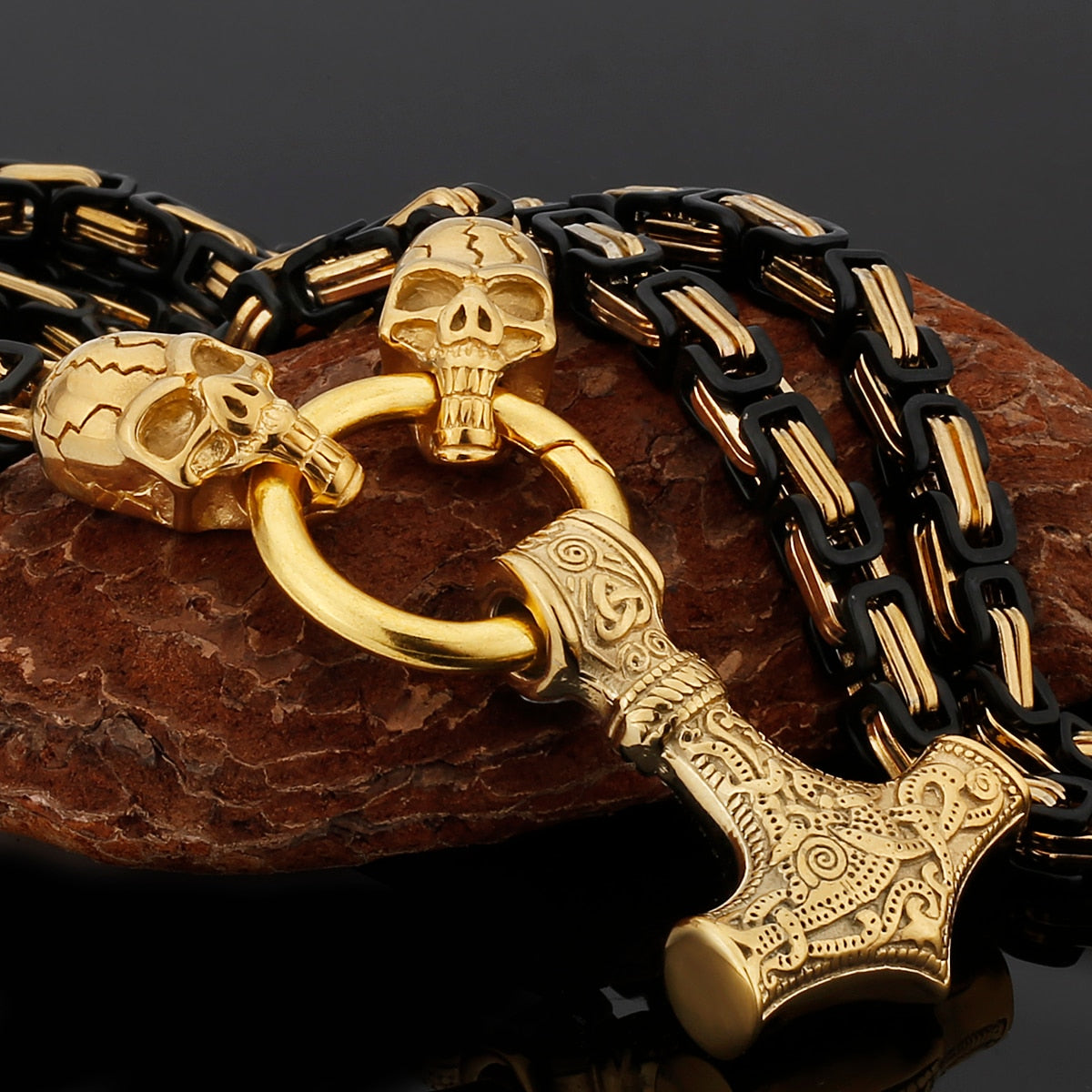 Thors Hammer Skull Edelstahl Halskette Königskette schwarz gold Wikingerschmuck