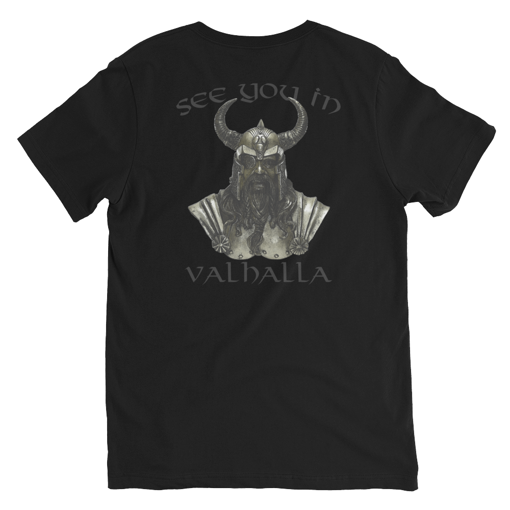 Kurzärmeliges Unisex-T-Shirt mit V-Ausschnitt See you in Valhalla