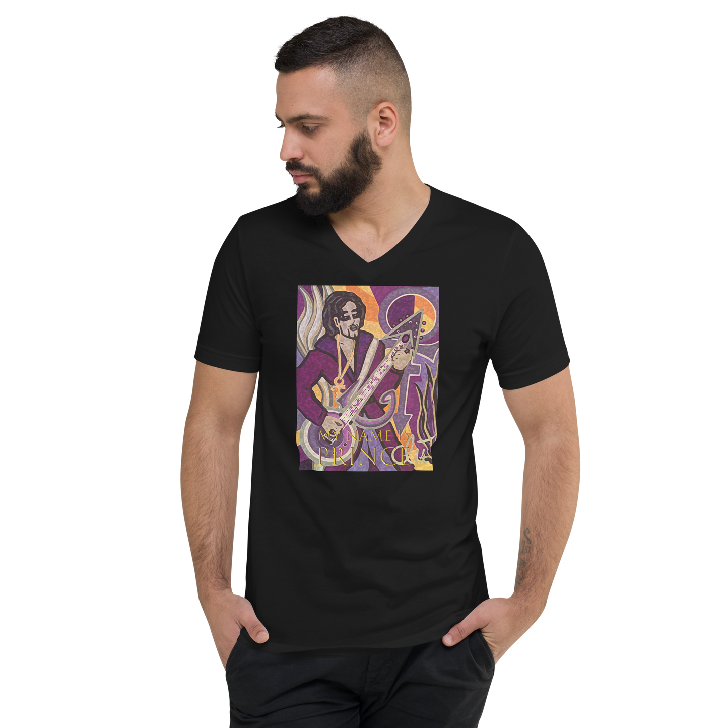Kurzärmeliges Unisex-T-Shirt mit V-Ausschnitt My name is Prince