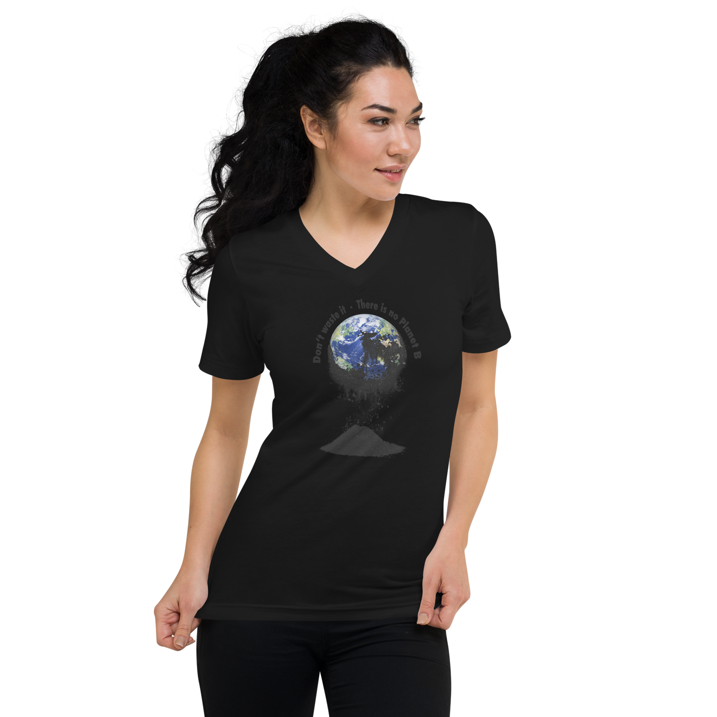 Kurzärmeliges Unisex-T-Shirt mit V-Ausschnitt Don't waste it. There is no Planet B.