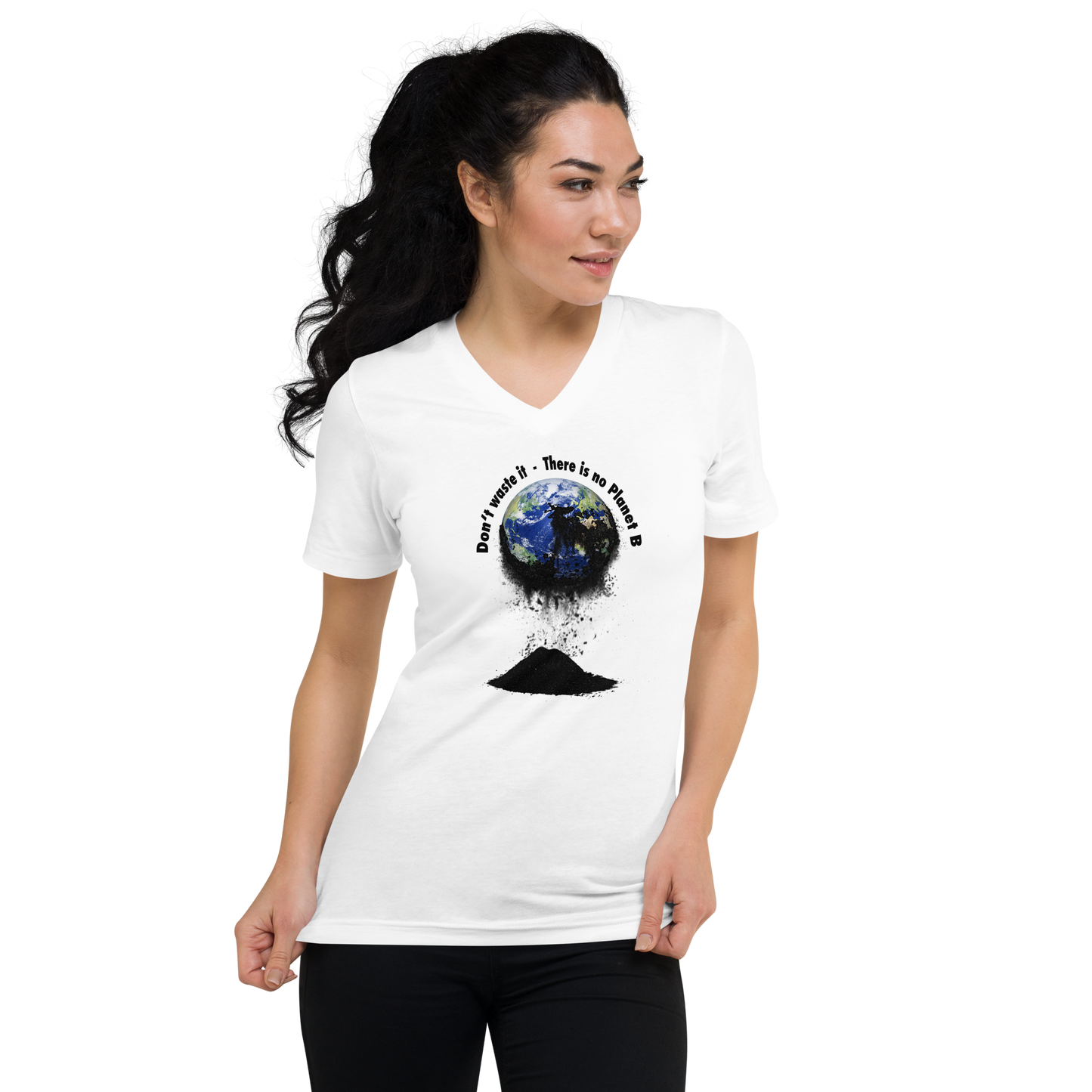 Kurzärmeliges Unisex-T-Shirt mit V-Ausschnitt Don't waste it. There is no Planet B.