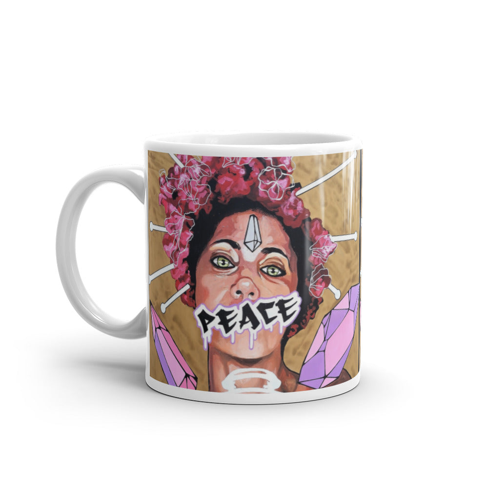 Weiße, glänzende Tasse PEACE