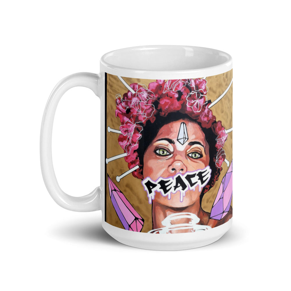 Weiße, glänzende Tasse PEACE
