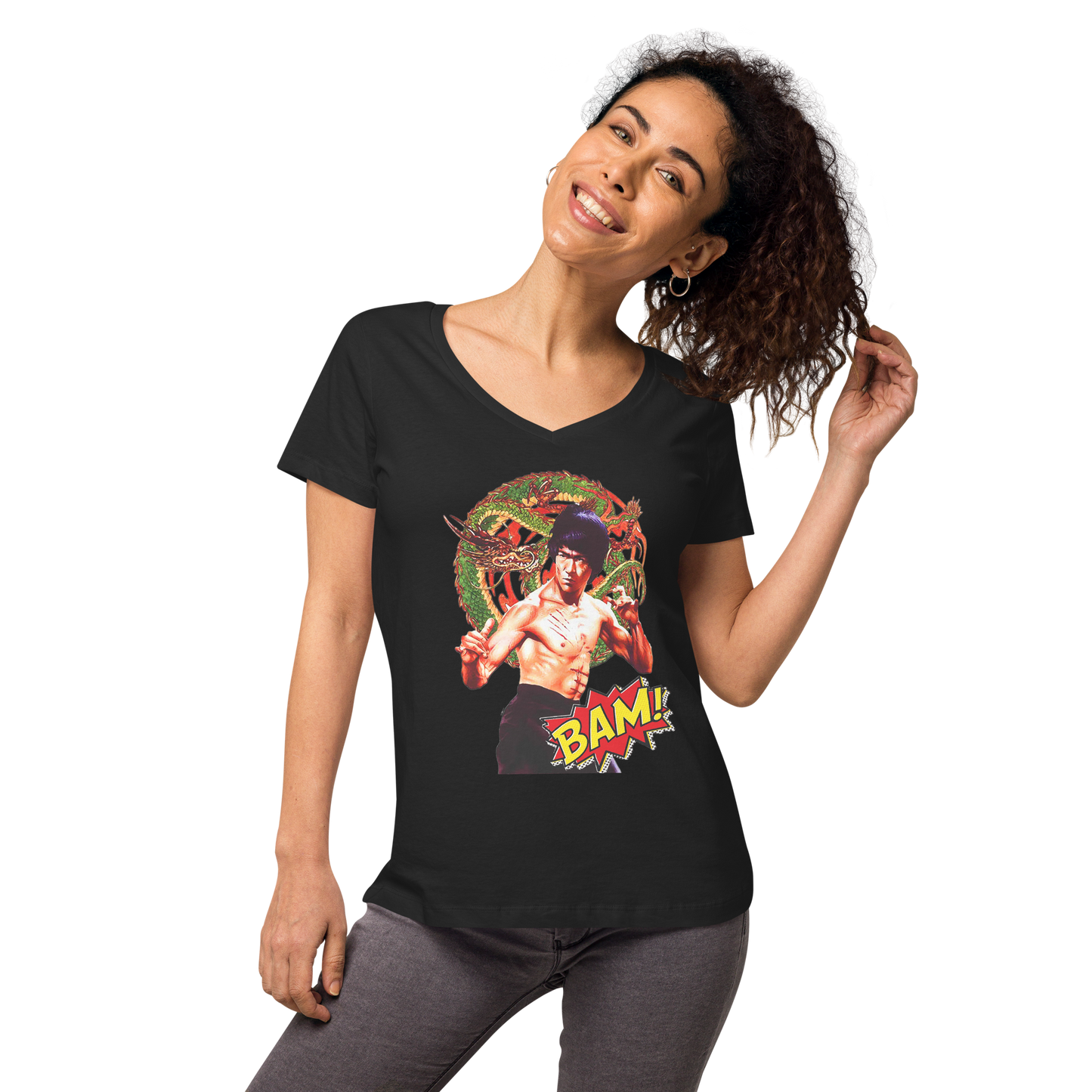 Eng anliegendes Damen-T-Shirt mit V-Ausschnitt Bruce Lee