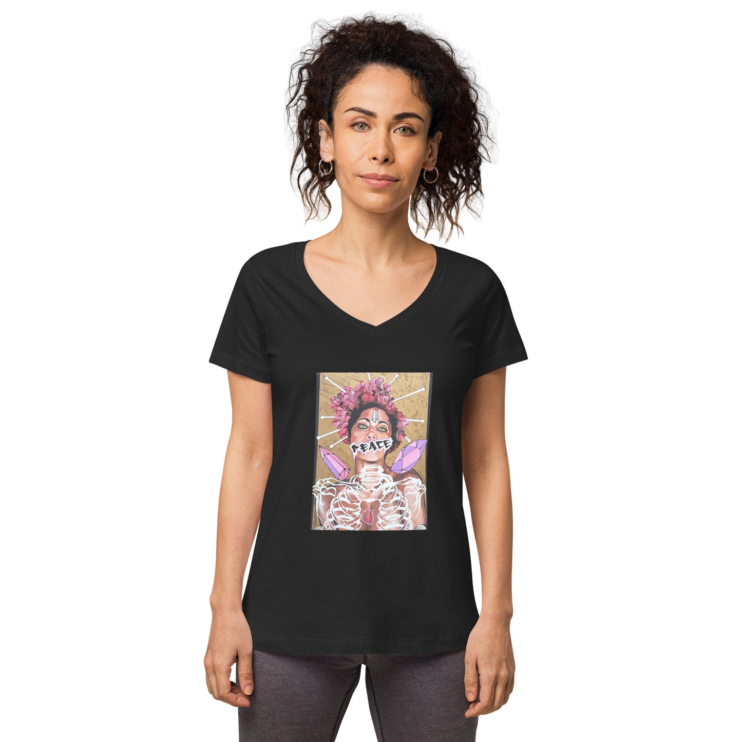 Eng anliegendes Damen-T-Shirt mit V-Ausschnitt PEACE