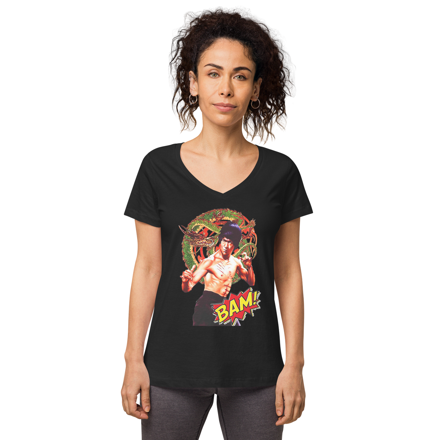 Eng anliegendes Damen-T-Shirt mit V-Ausschnitt Bruce Lee