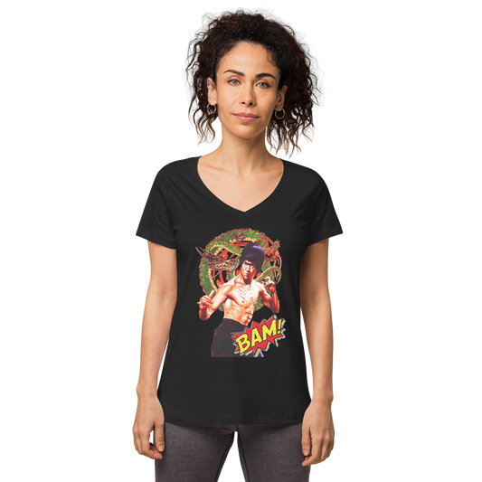 Eng anliegendes Damen-T-Shirt mit V-Ausschnitt Bruce Lee