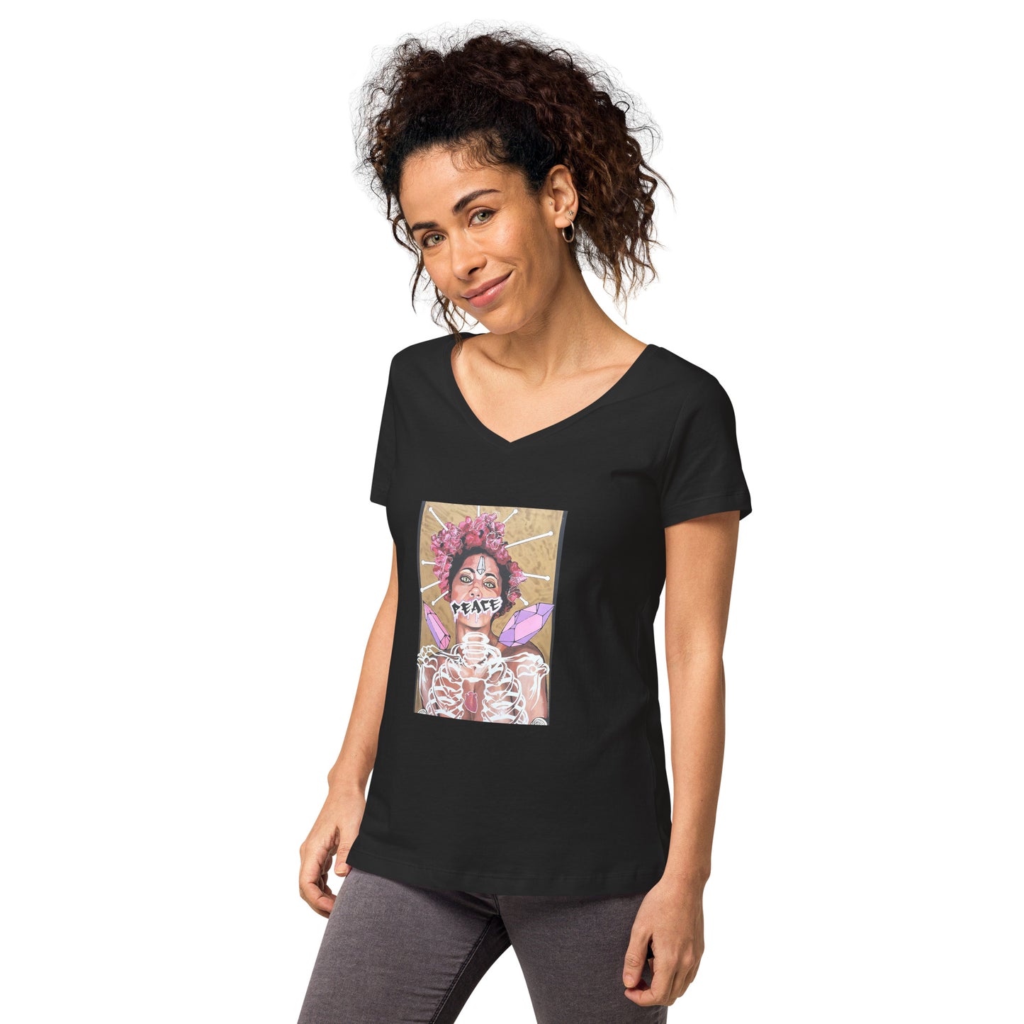 Eng anliegendes Damen-T-Shirt mit V-Ausschnitt PEACE