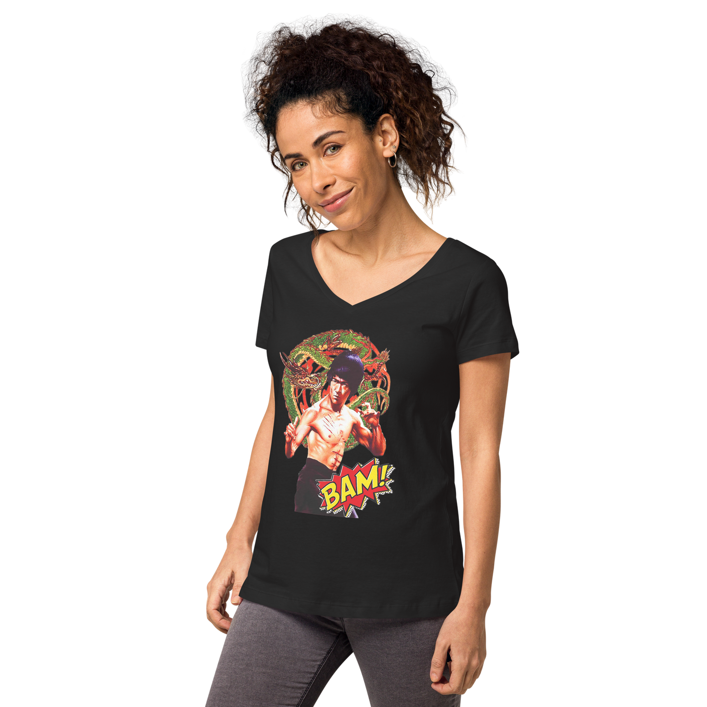 Eng anliegendes Damen-T-Shirt mit V-Ausschnitt Bruce Lee