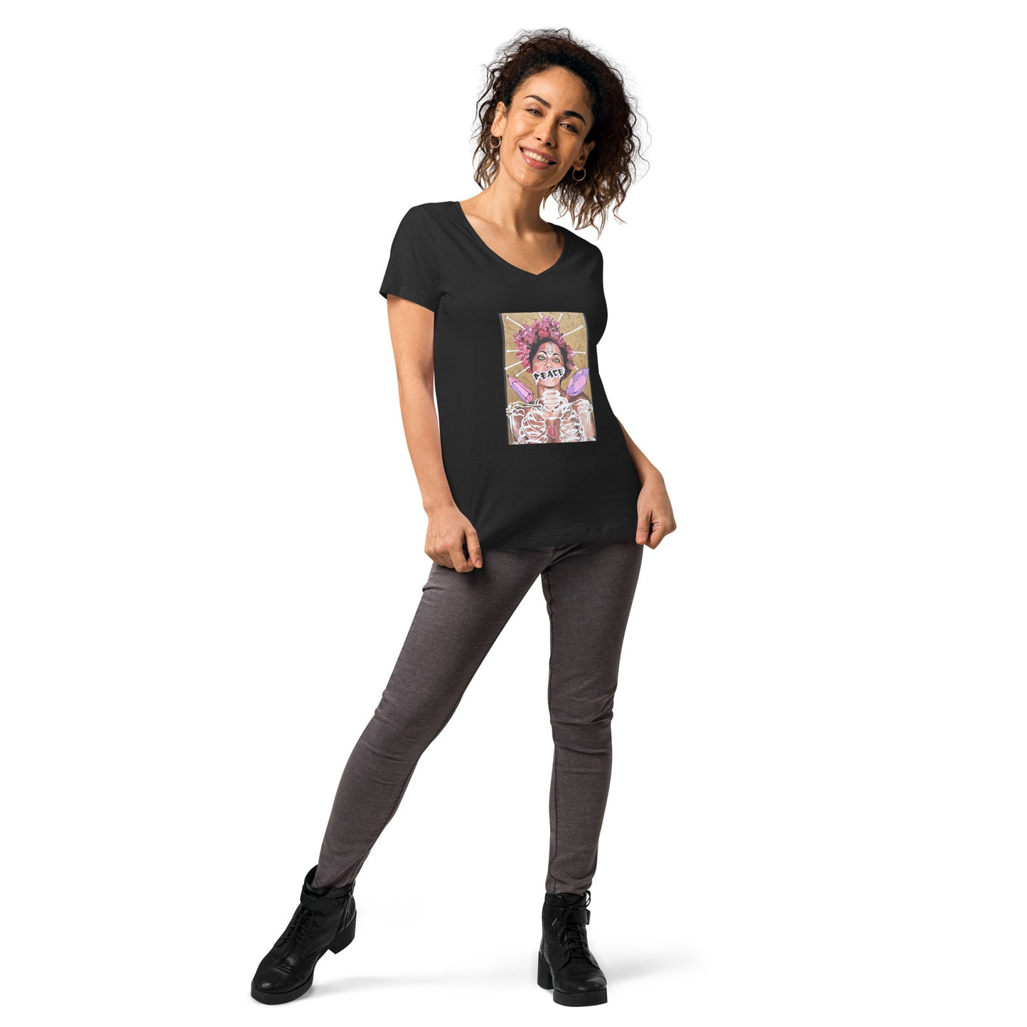 Eng anliegendes Damen-T-Shirt mit V-Ausschnitt PEACE