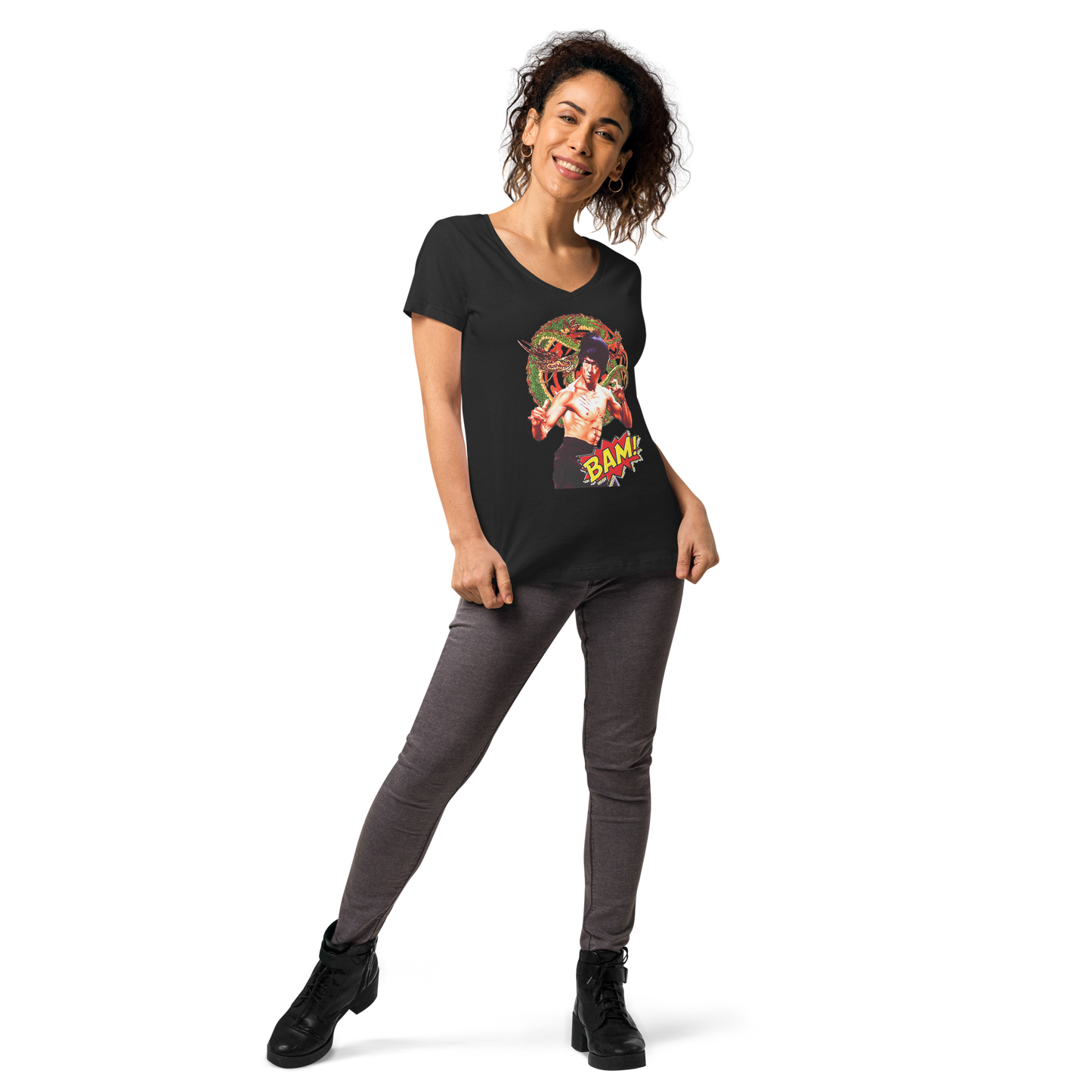 Eng anliegendes Damen-T-Shirt mit V-Ausschnitt Bruce Lee