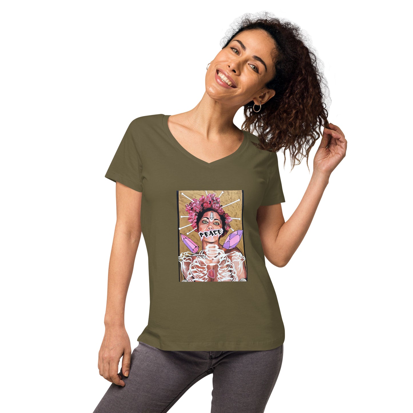 Eng anliegendes Damen-T-Shirt mit V-Ausschnitt PEACE