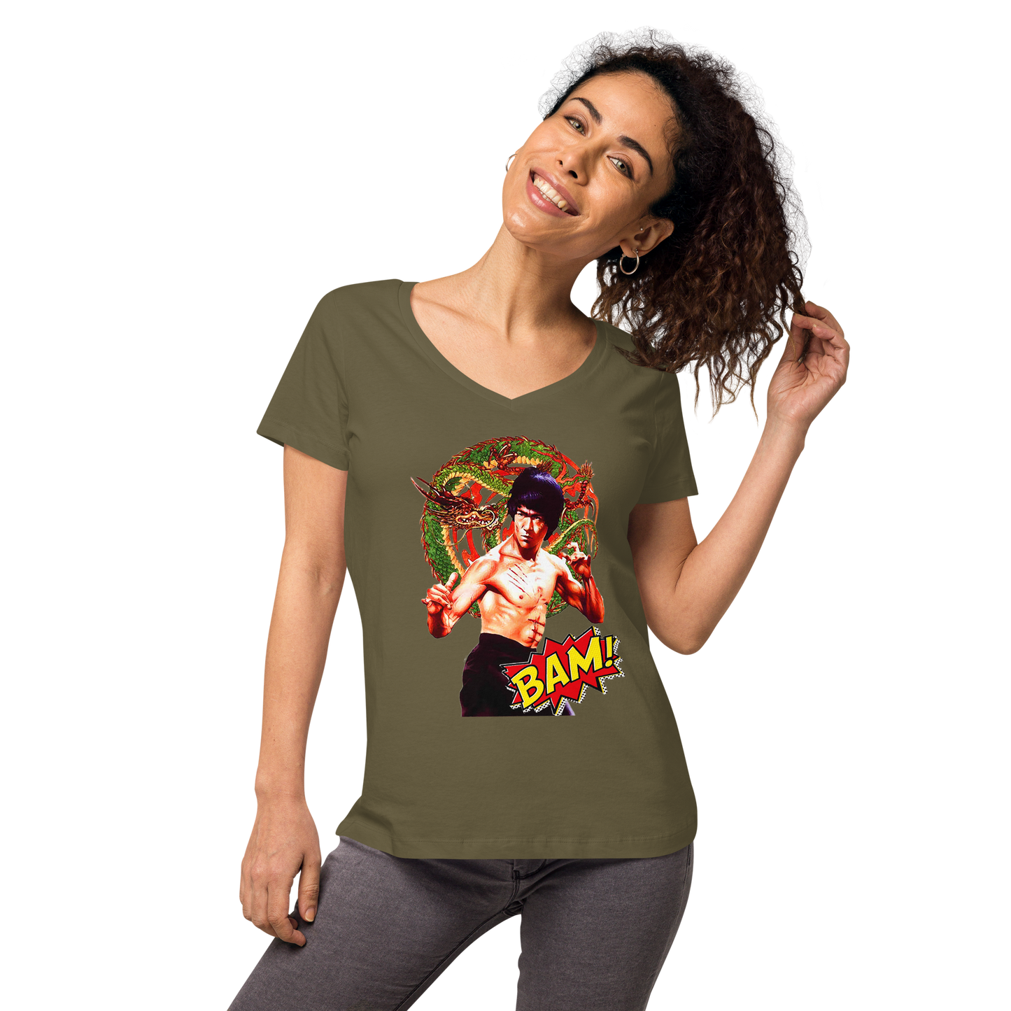 Eng anliegendes Damen-T-Shirt mit V-Ausschnitt Bruce Lee