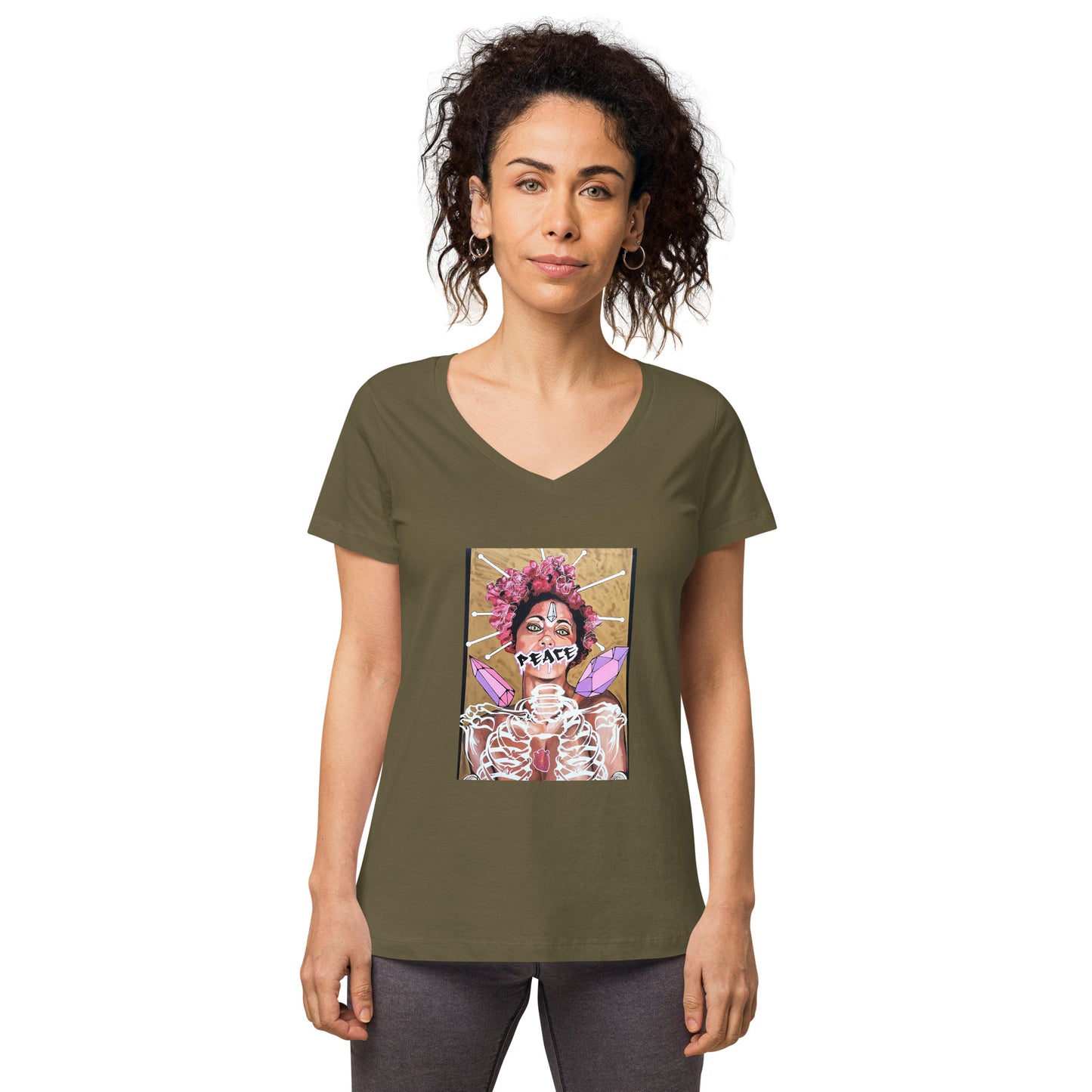 Eng anliegendes Damen-T-Shirt mit V-Ausschnitt PEACE