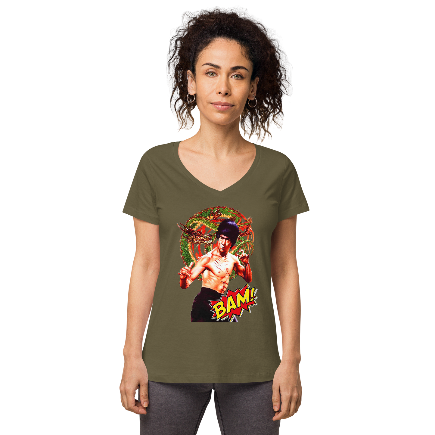 Eng anliegendes Damen-T-Shirt mit V-Ausschnitt Bruce Lee