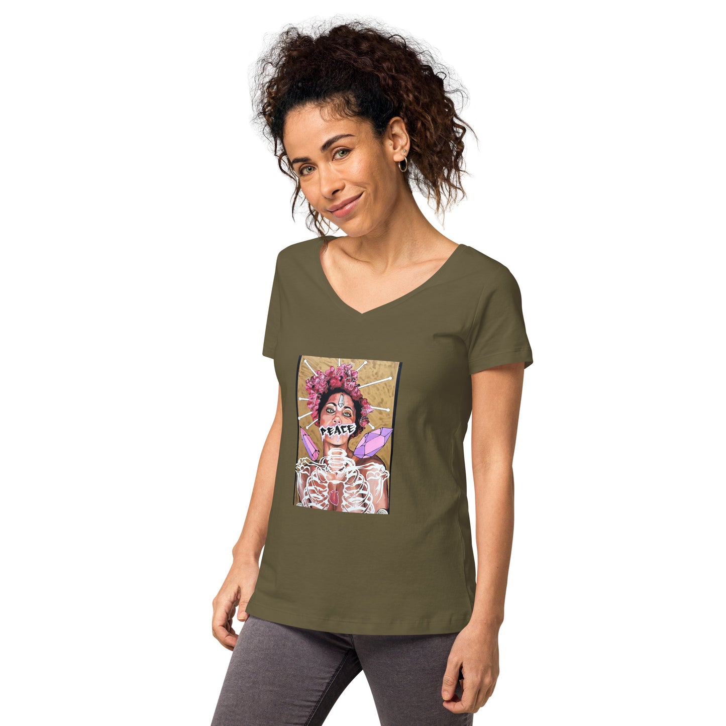 Eng anliegendes Damen-T-Shirt mit V-Ausschnitt PEACE