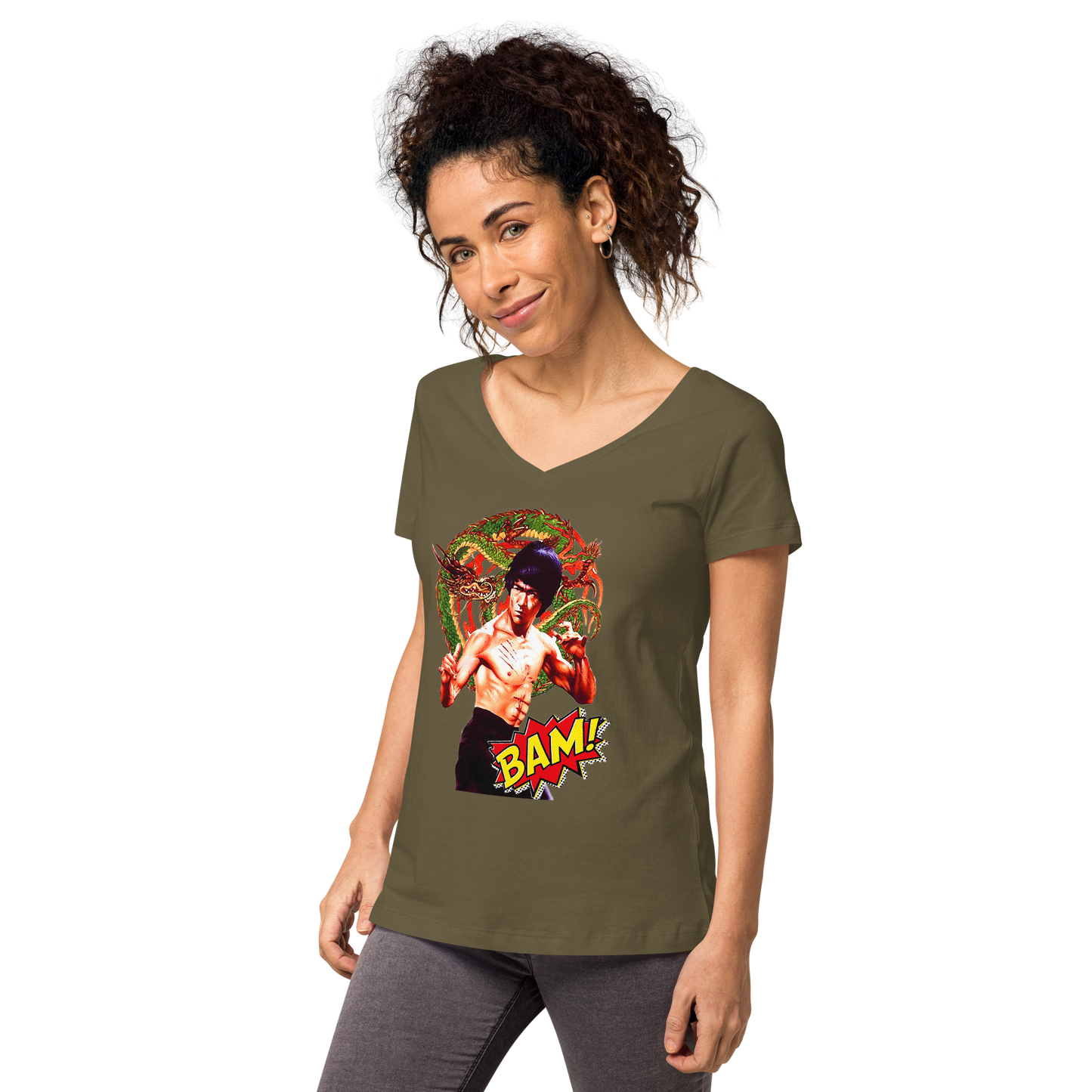 Eng anliegendes Damen-T-Shirt mit V-Ausschnitt Bruce Lee