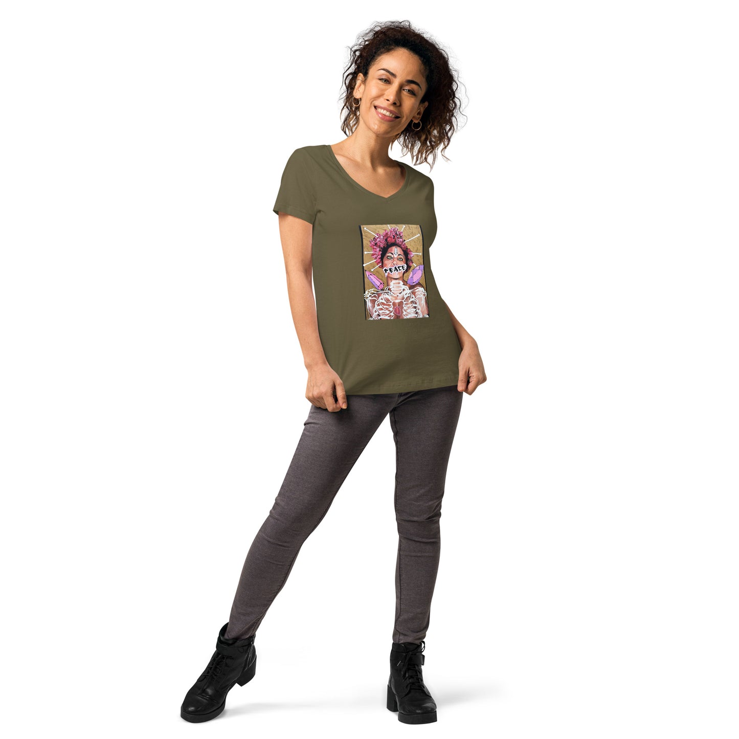 Eng anliegendes Damen-T-Shirt mit V-Ausschnitt PEACE