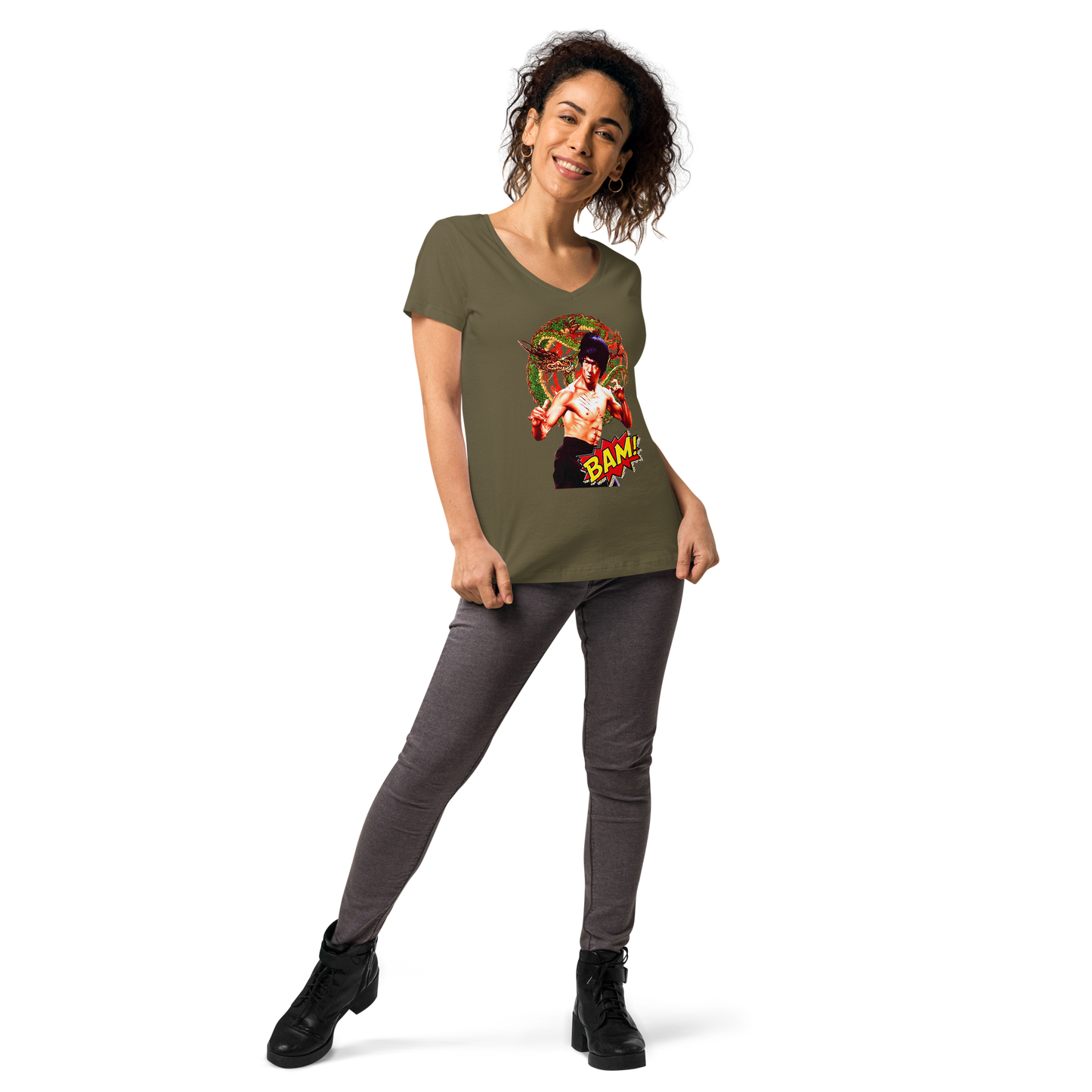 Eng anliegendes Damen-T-Shirt mit V-Ausschnitt Bruce Lee