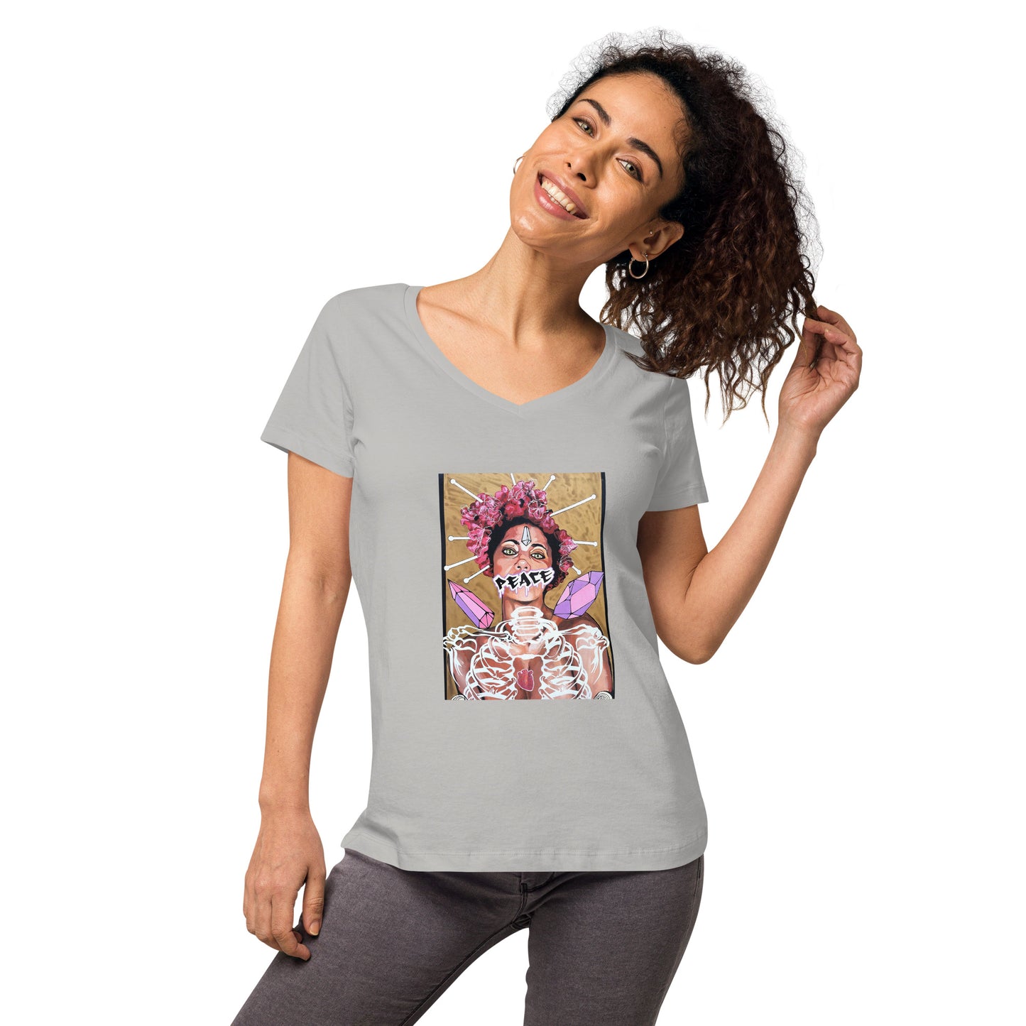 Eng anliegendes Damen-T-Shirt mit V-Ausschnitt PEACE
