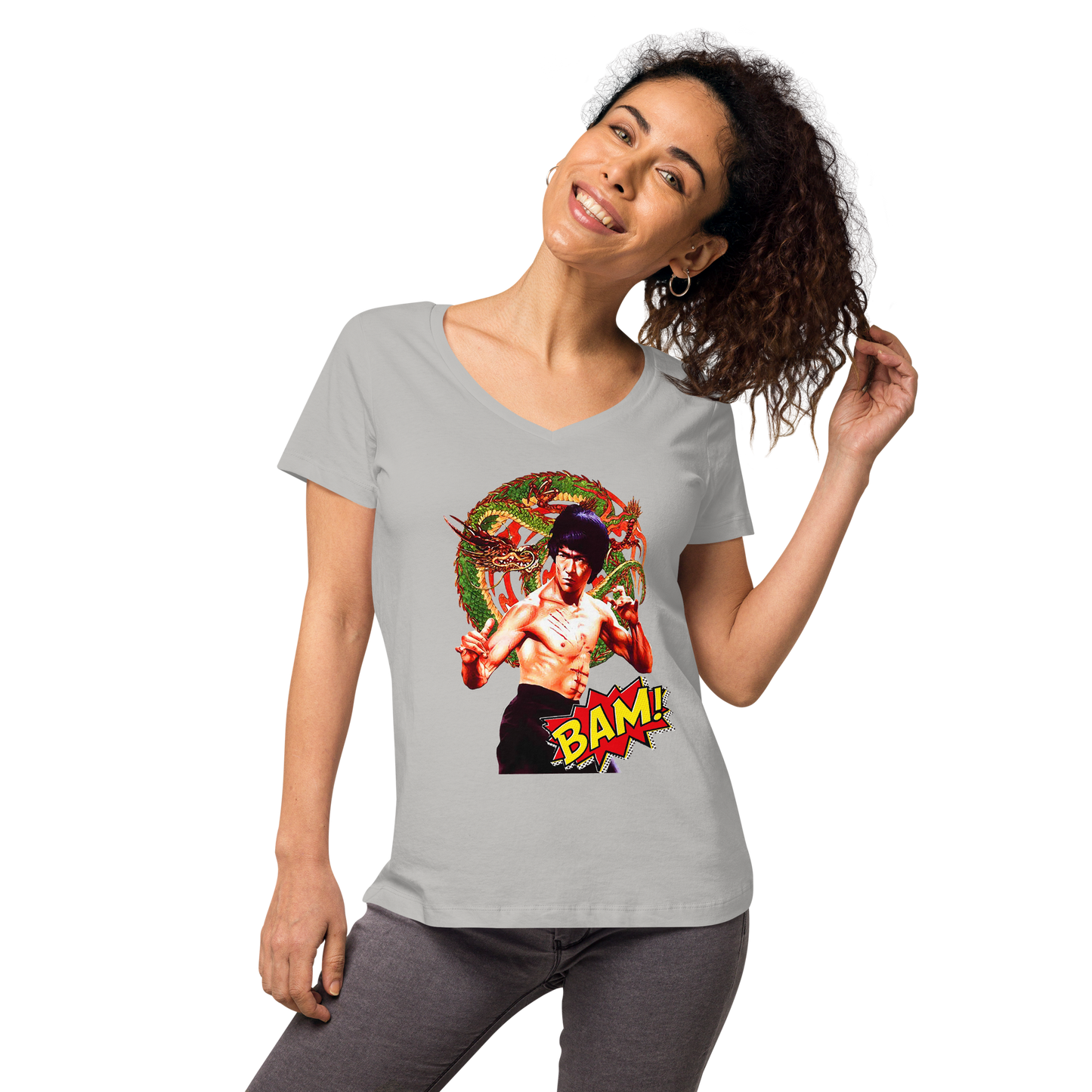 Eng anliegendes Damen-T-Shirt mit V-Ausschnitt Bruce Lee