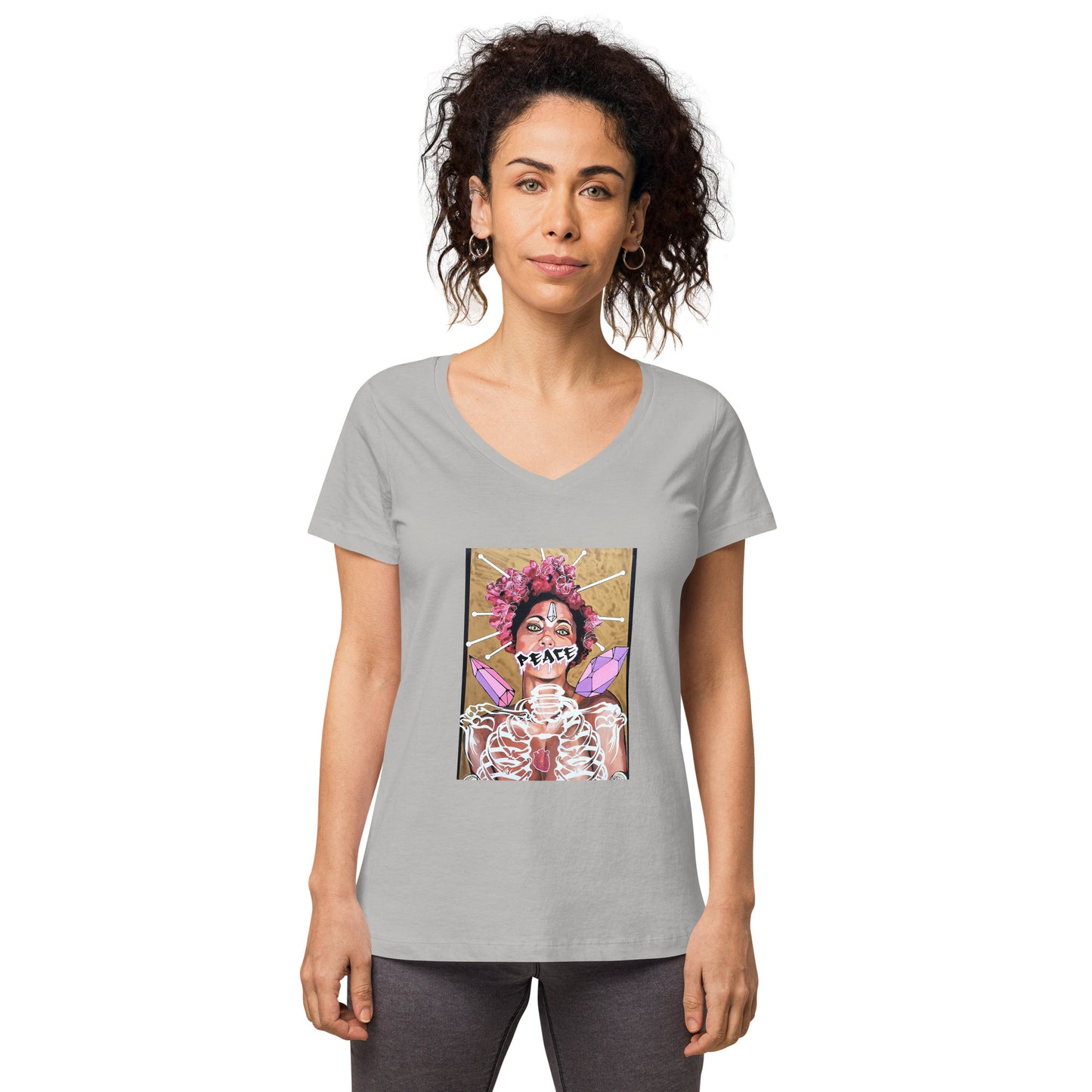 Eng anliegendes Damen-T-Shirt mit V-Ausschnitt PEACE