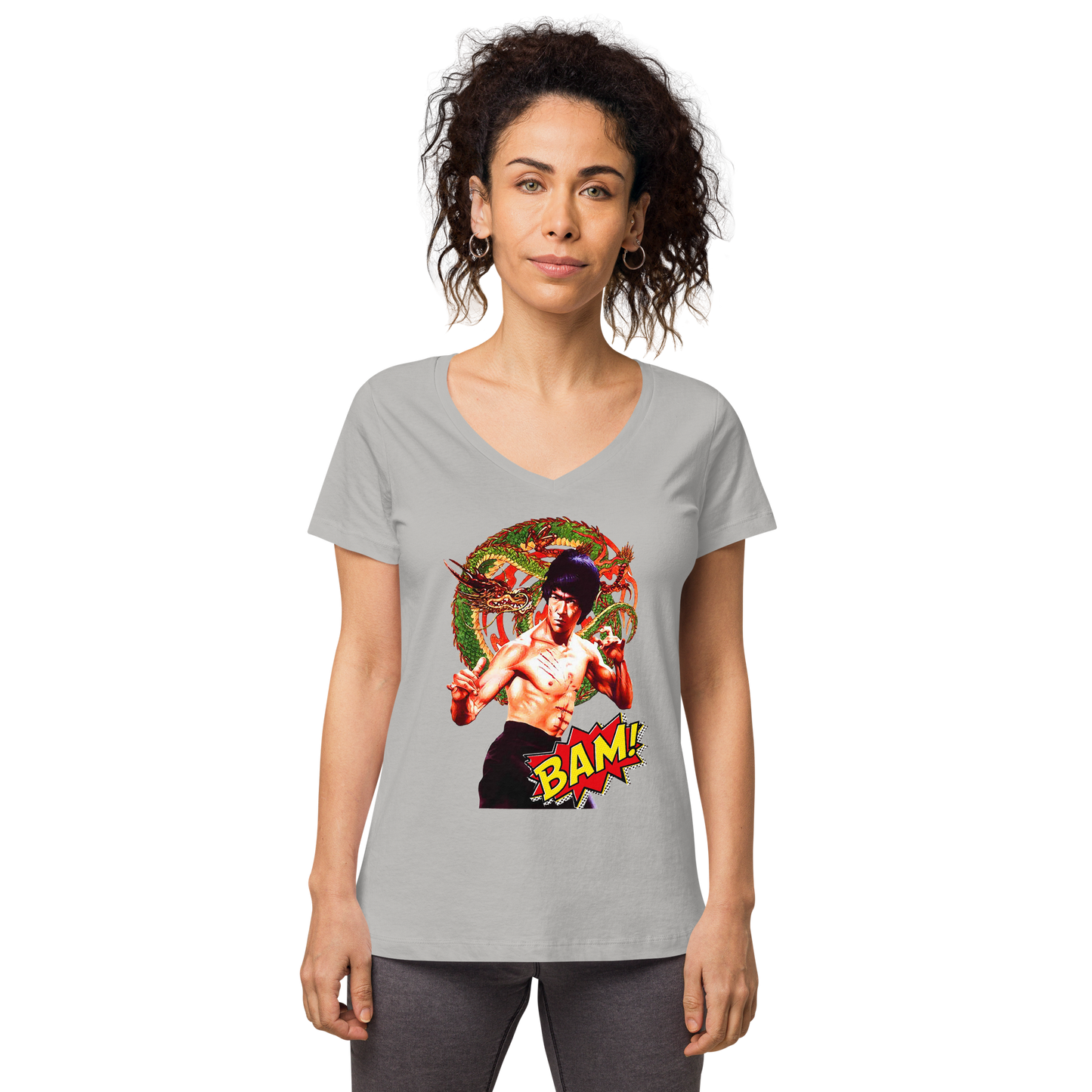 Eng anliegendes Damen-T-Shirt mit V-Ausschnitt Bruce Lee
