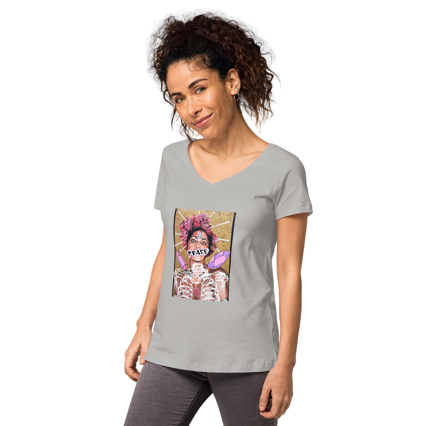 Eng anliegendes Damen-T-Shirt mit V-Ausschnitt PEACE