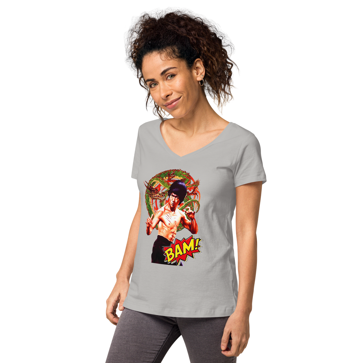 Eng anliegendes Damen-T-Shirt mit V-Ausschnitt Bruce Lee