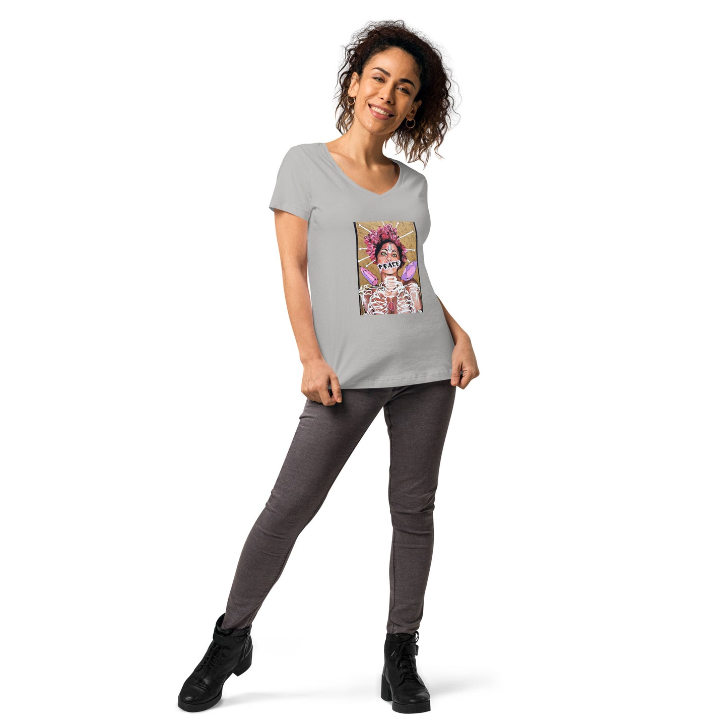 Eng anliegendes Damen-T-Shirt mit V-Ausschnitt PEACE