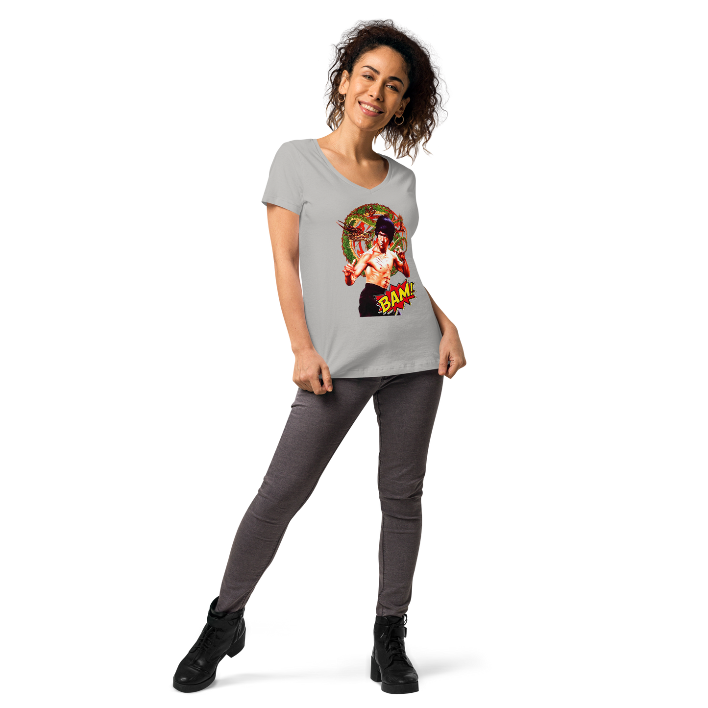 Eng anliegendes Damen-T-Shirt mit V-Ausschnitt Bruce Lee