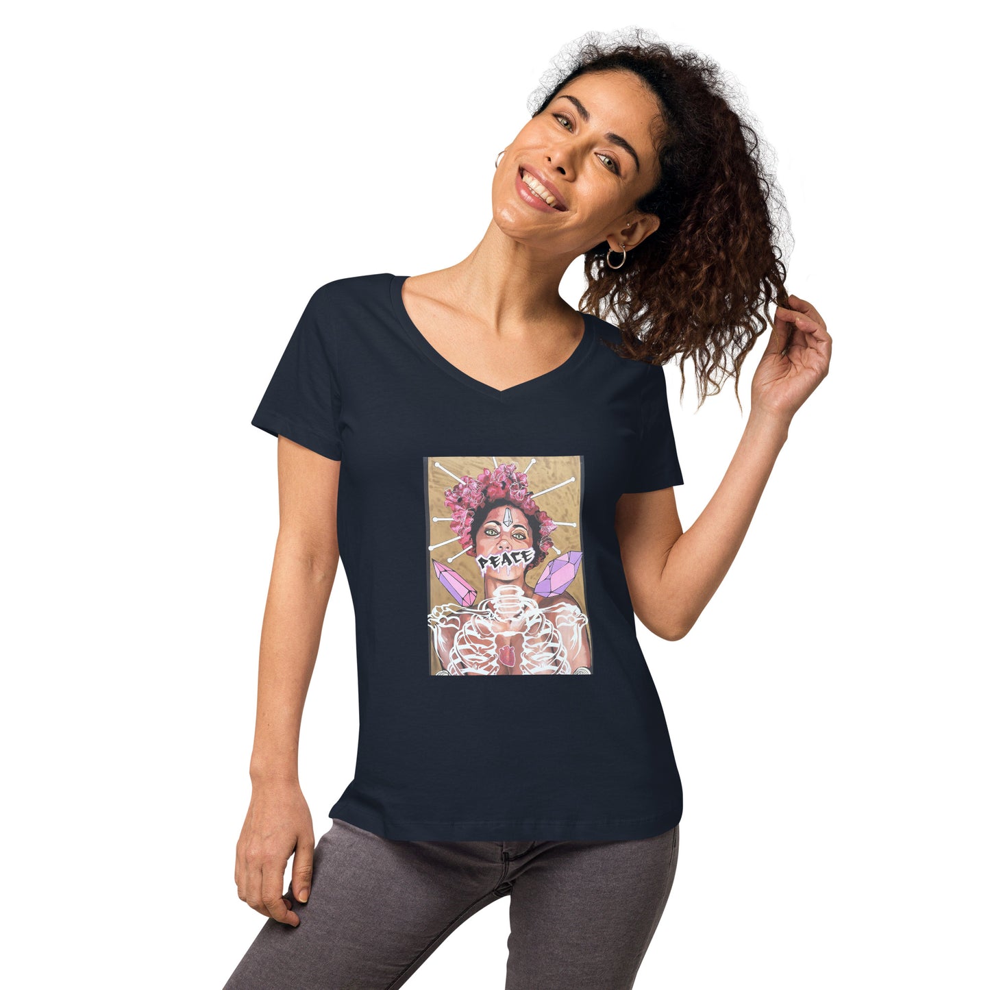 Eng anliegendes Damen-T-Shirt mit V-Ausschnitt PEACE