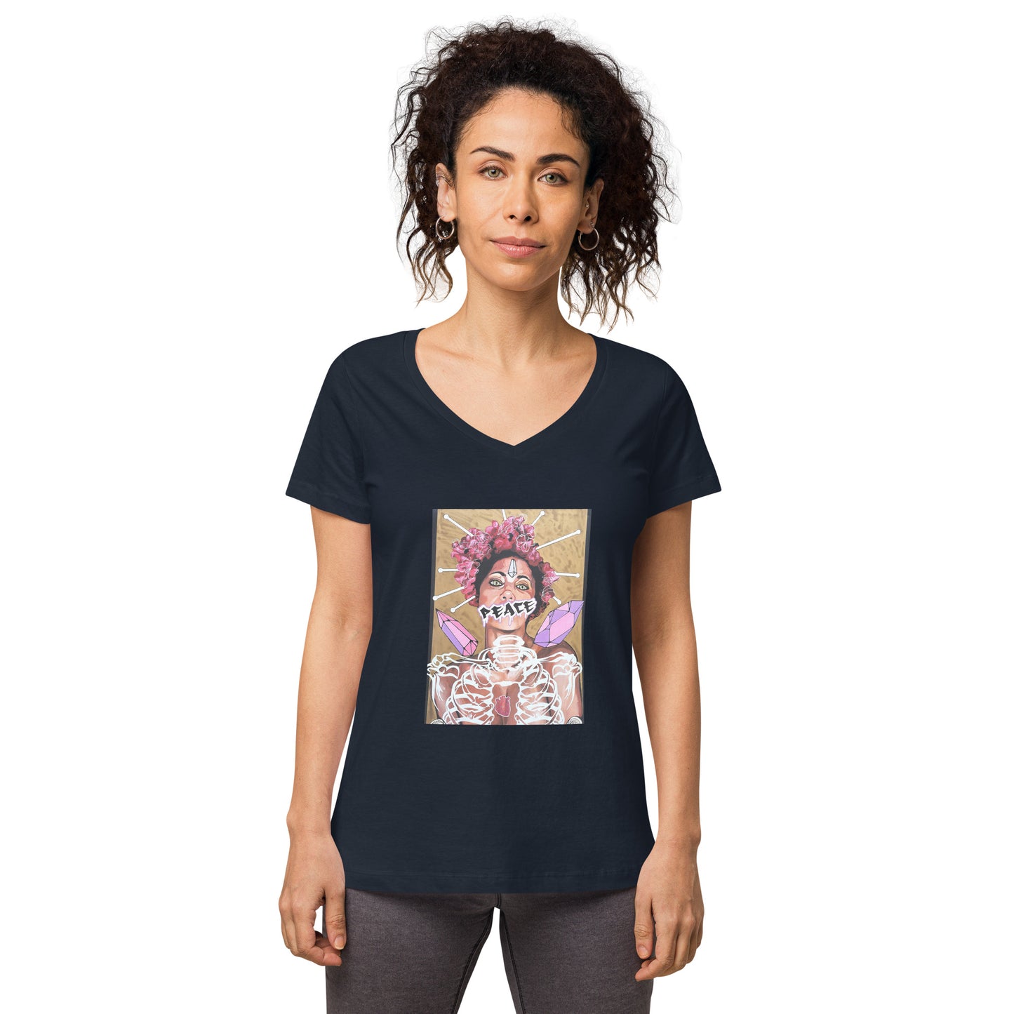 Eng anliegendes Damen-T-Shirt mit V-Ausschnitt PEACE