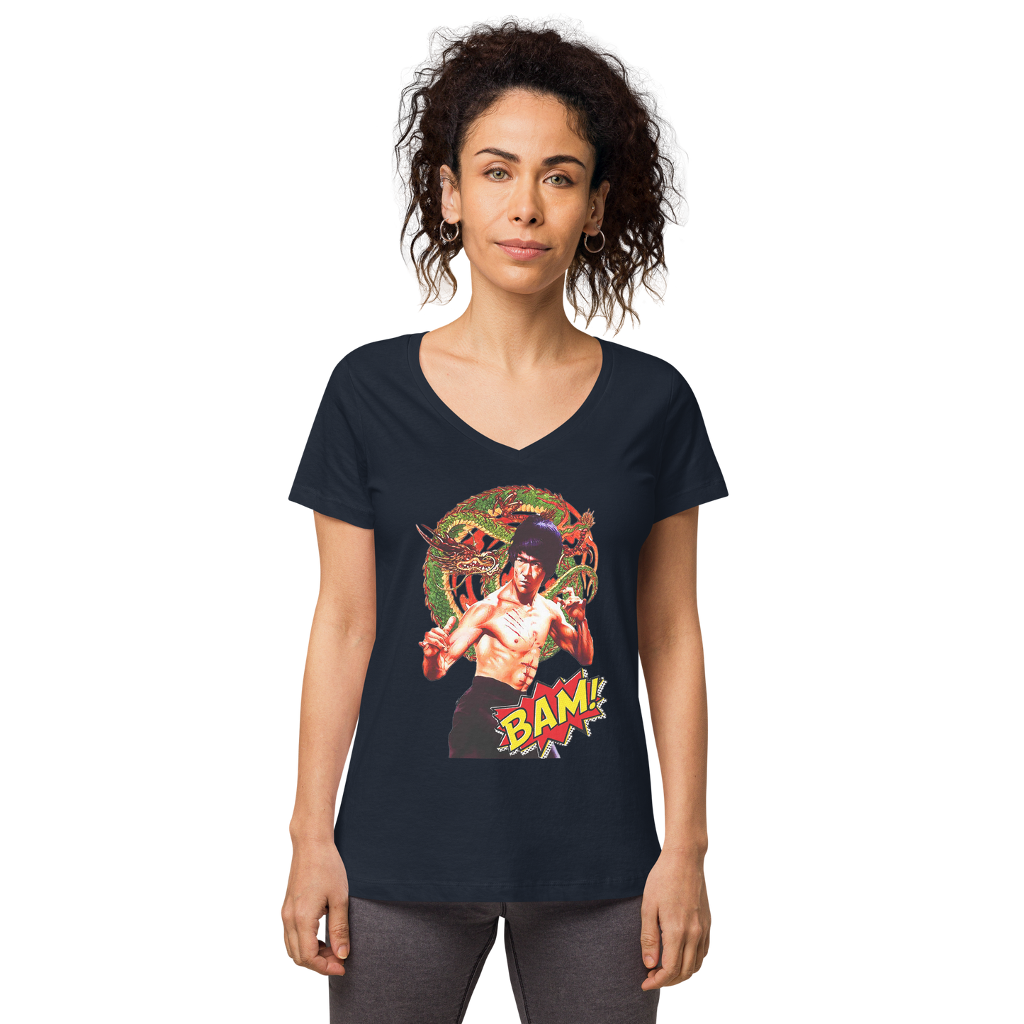 Eng anliegendes Damen-T-Shirt mit V-Ausschnitt Bruce Lee