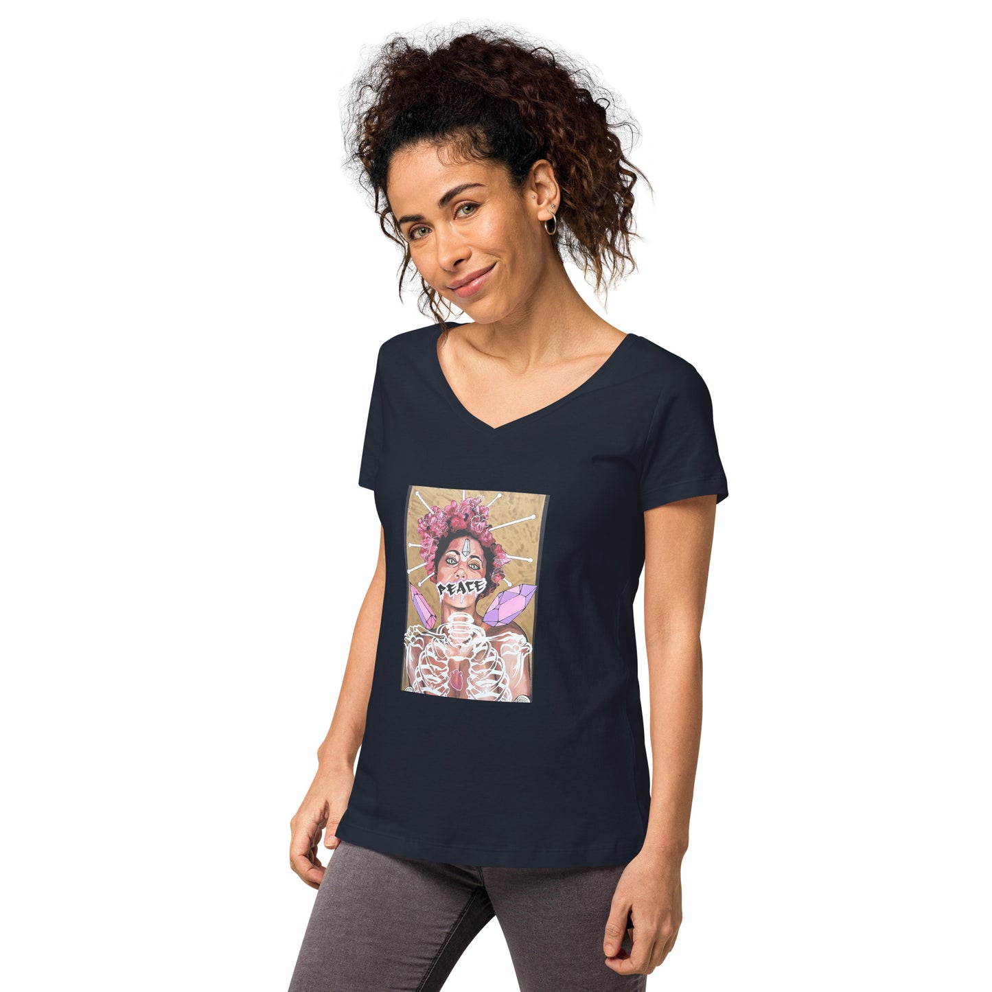 Eng anliegendes Damen-T-Shirt mit V-Ausschnitt PEACE