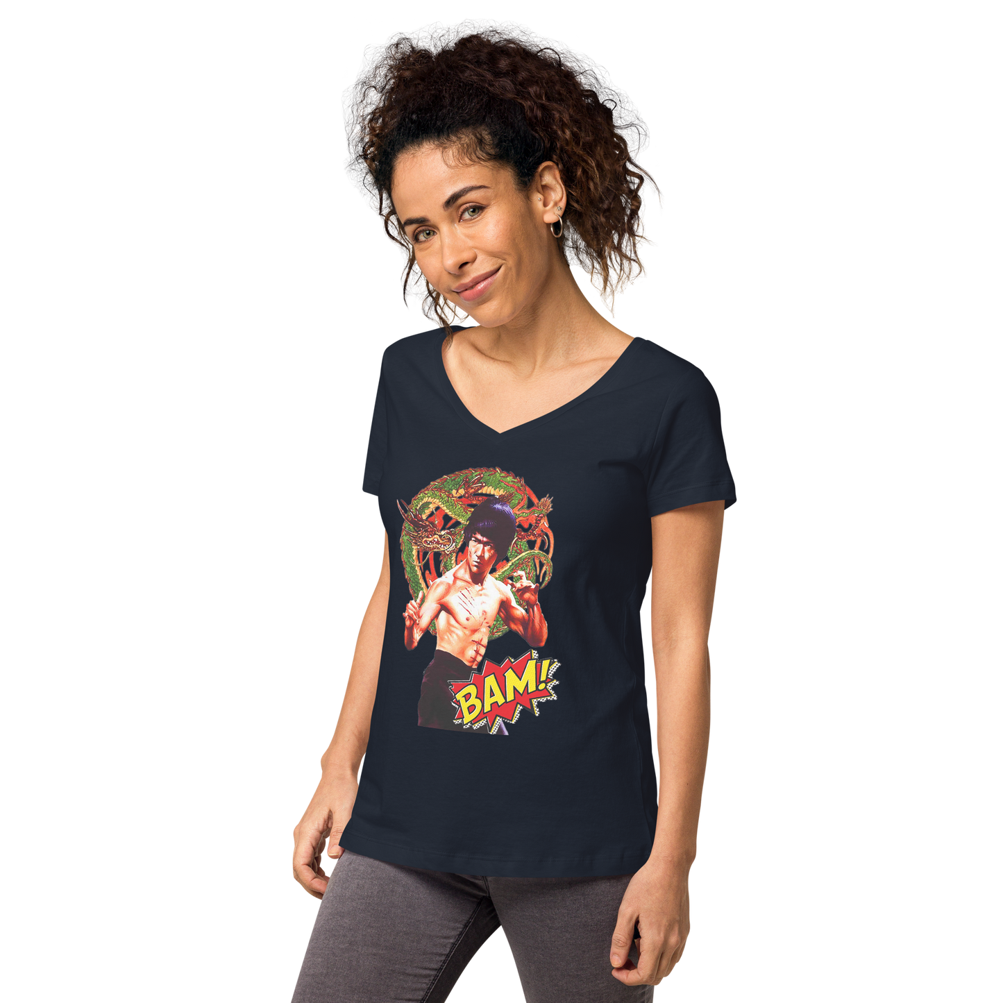 Eng anliegendes Damen-T-Shirt mit V-Ausschnitt Bruce Lee