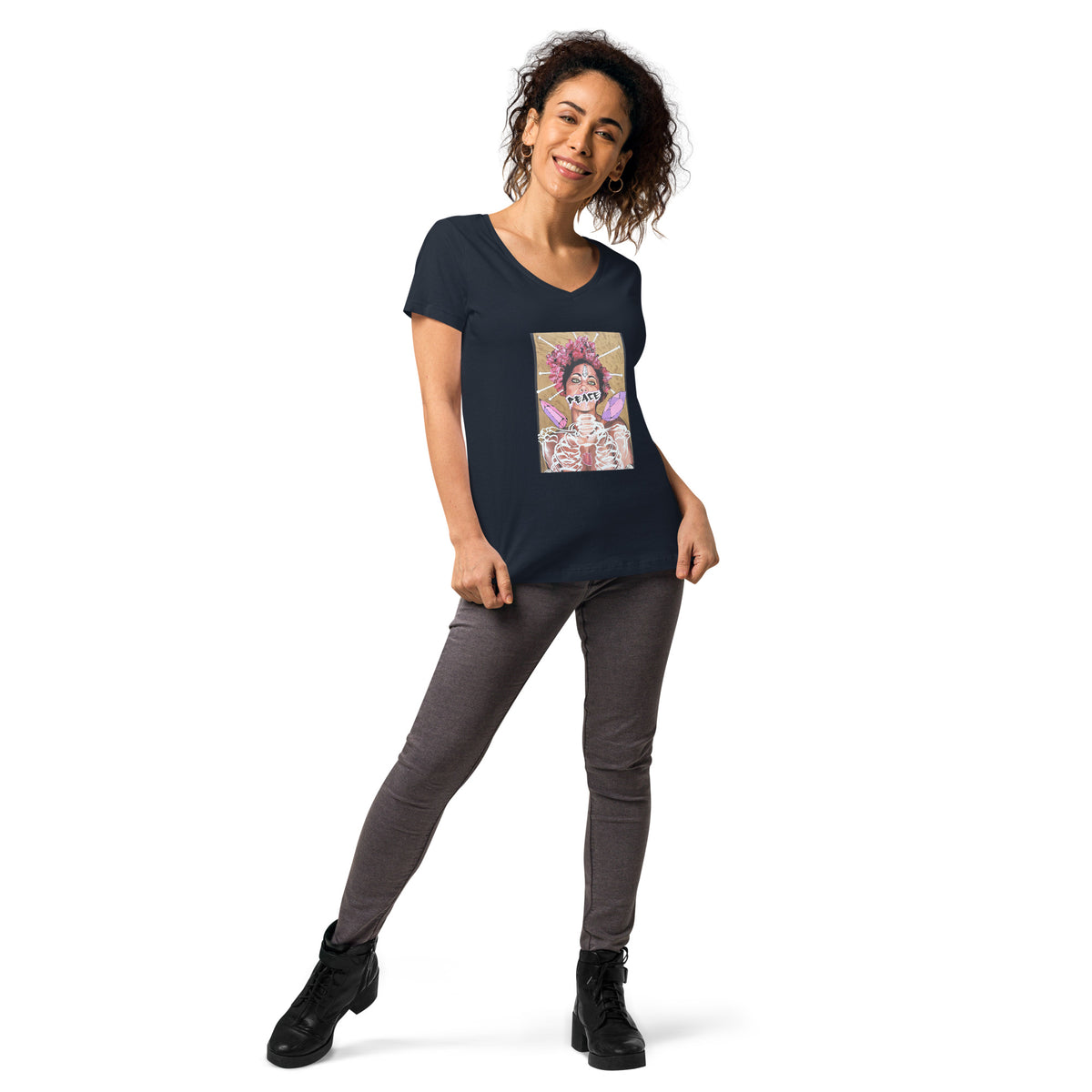Eng anliegendes Damen-T-Shirt mit V-Ausschnitt PEACE