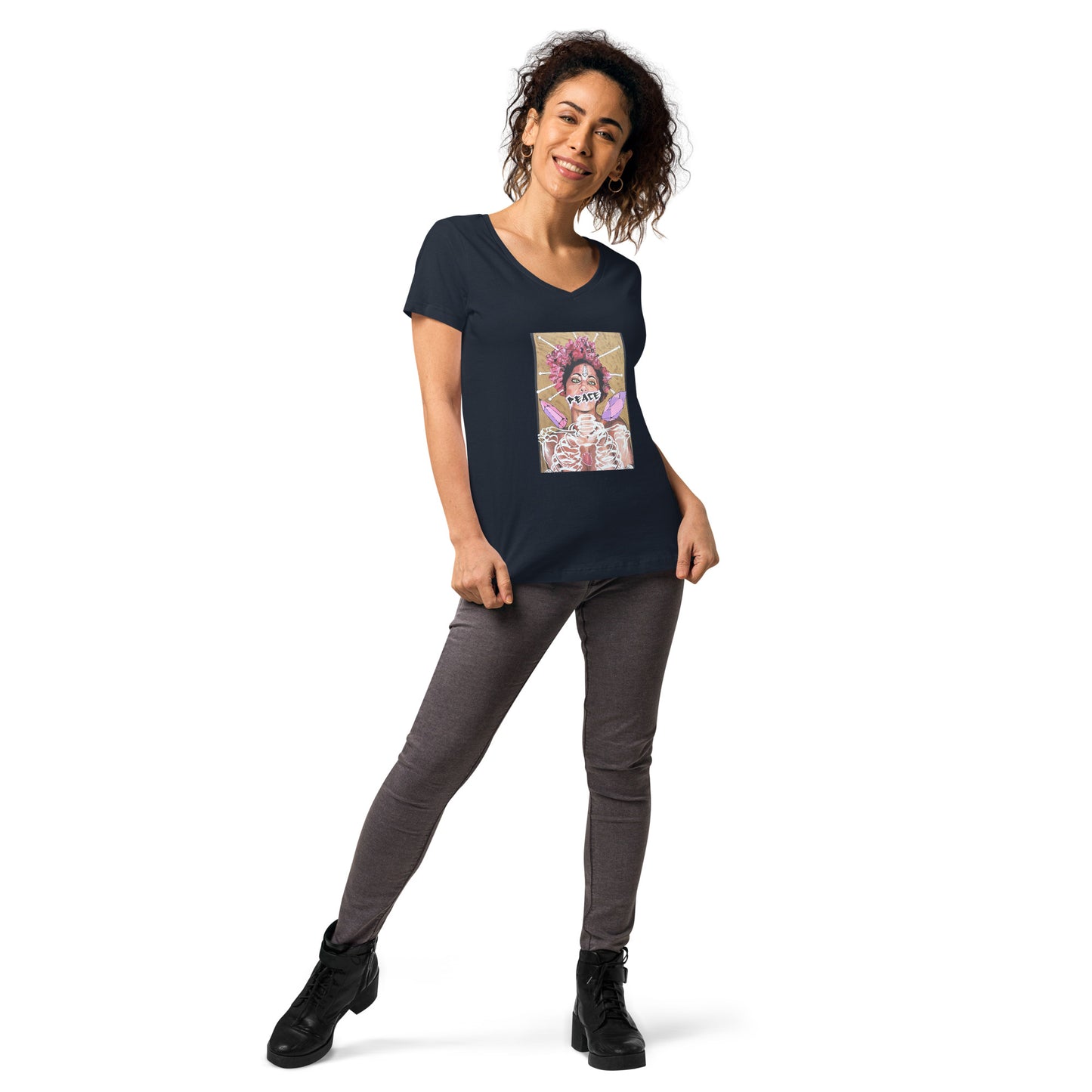 Eng anliegendes Damen-T-Shirt mit V-Ausschnitt PEACE