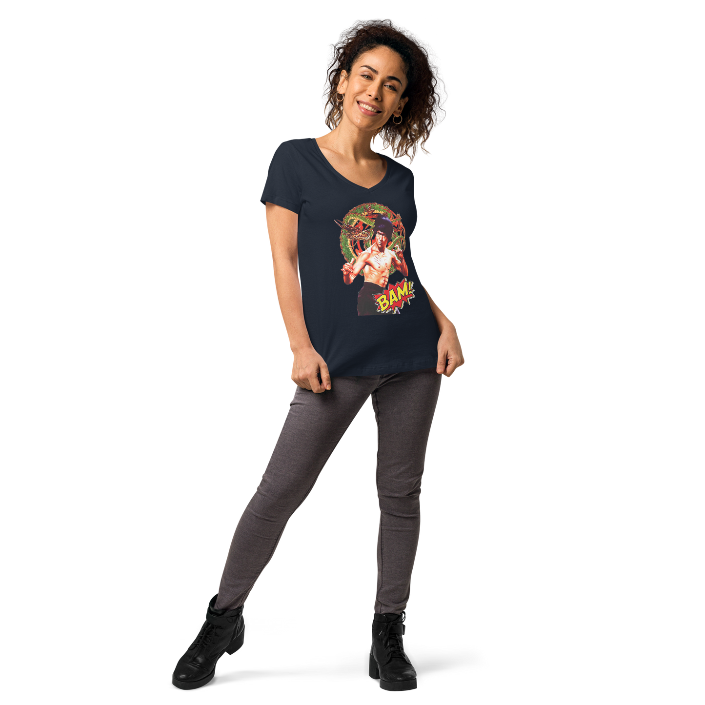 Eng anliegendes Damen-T-Shirt mit V-Ausschnitt Bruce Lee