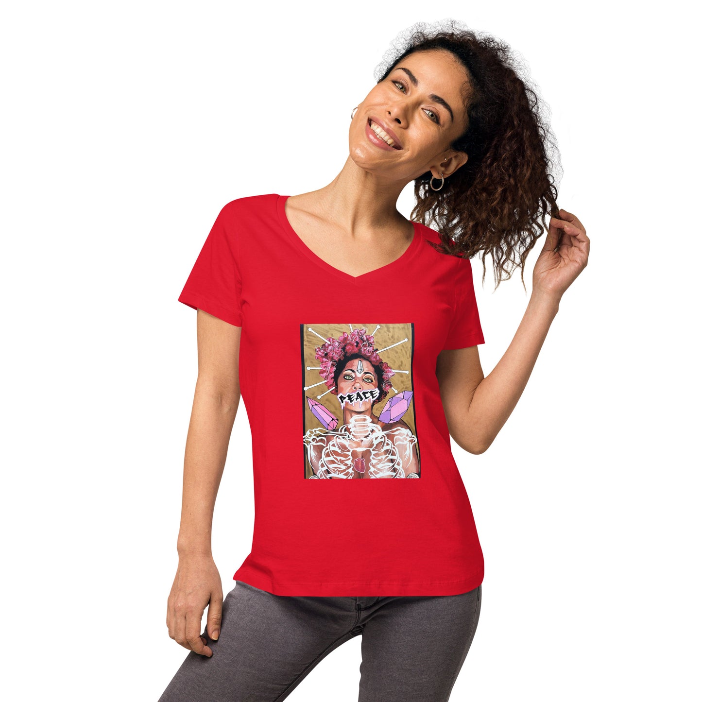 Eng anliegendes Damen-T-Shirt mit V-Ausschnitt PEACE
