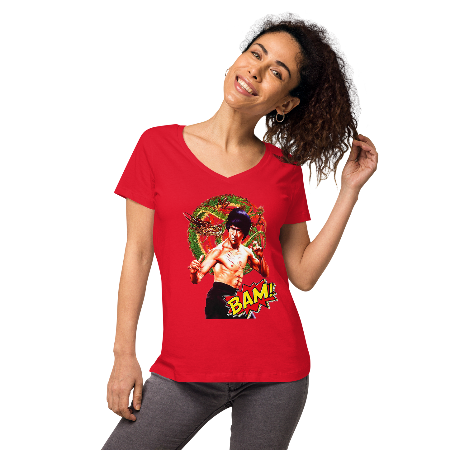 Eng anliegendes Damen-T-Shirt mit V-Ausschnitt Bruce Lee