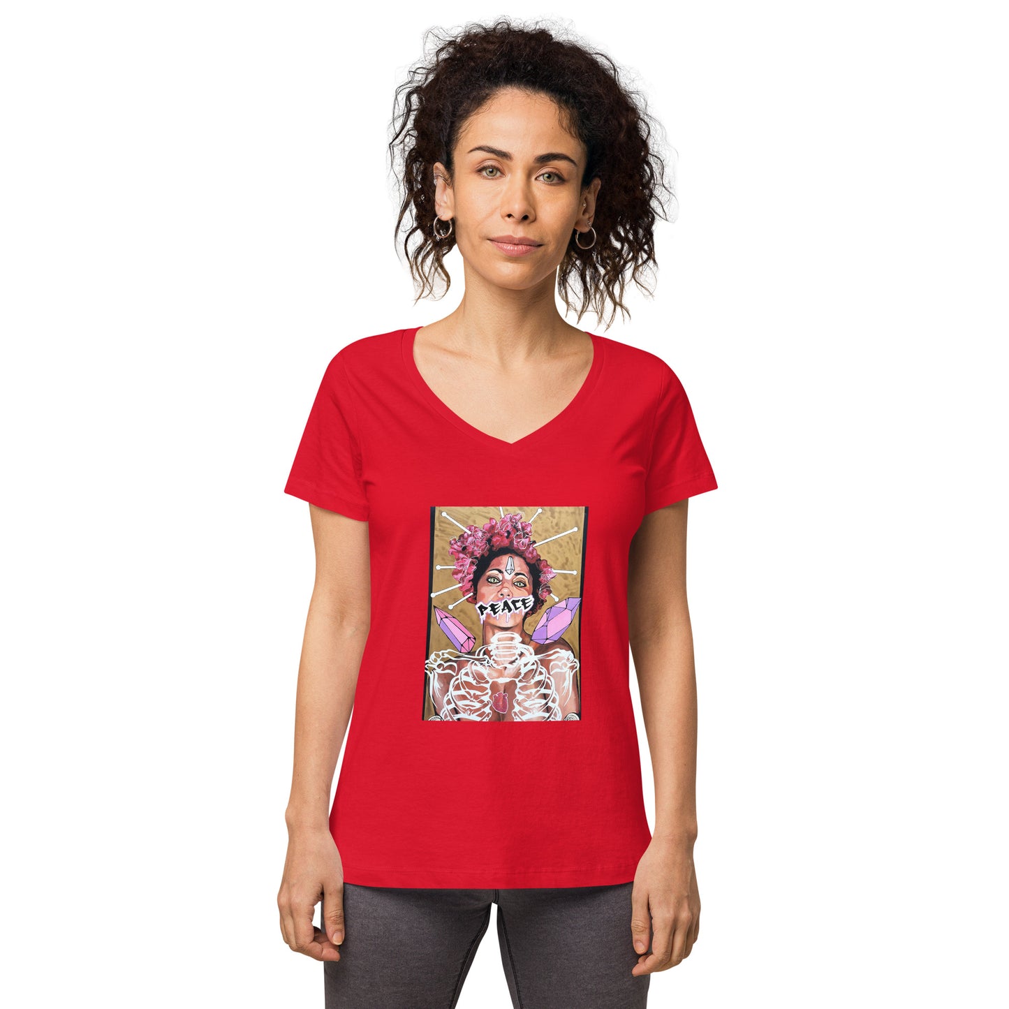 Eng anliegendes Damen-T-Shirt mit V-Ausschnitt PEACE