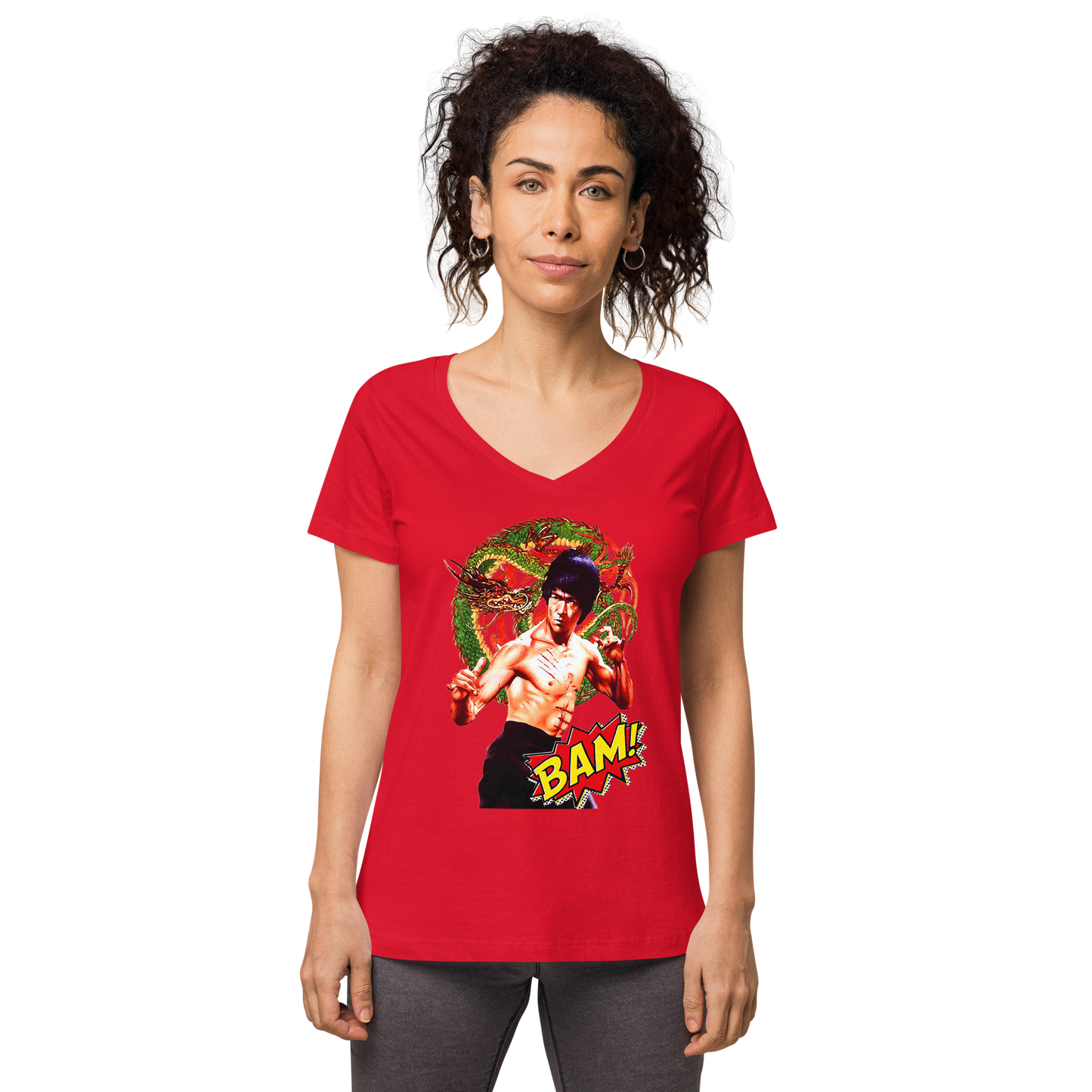 Eng anliegendes Damen-T-Shirt mit V-Ausschnitt Bruce Lee